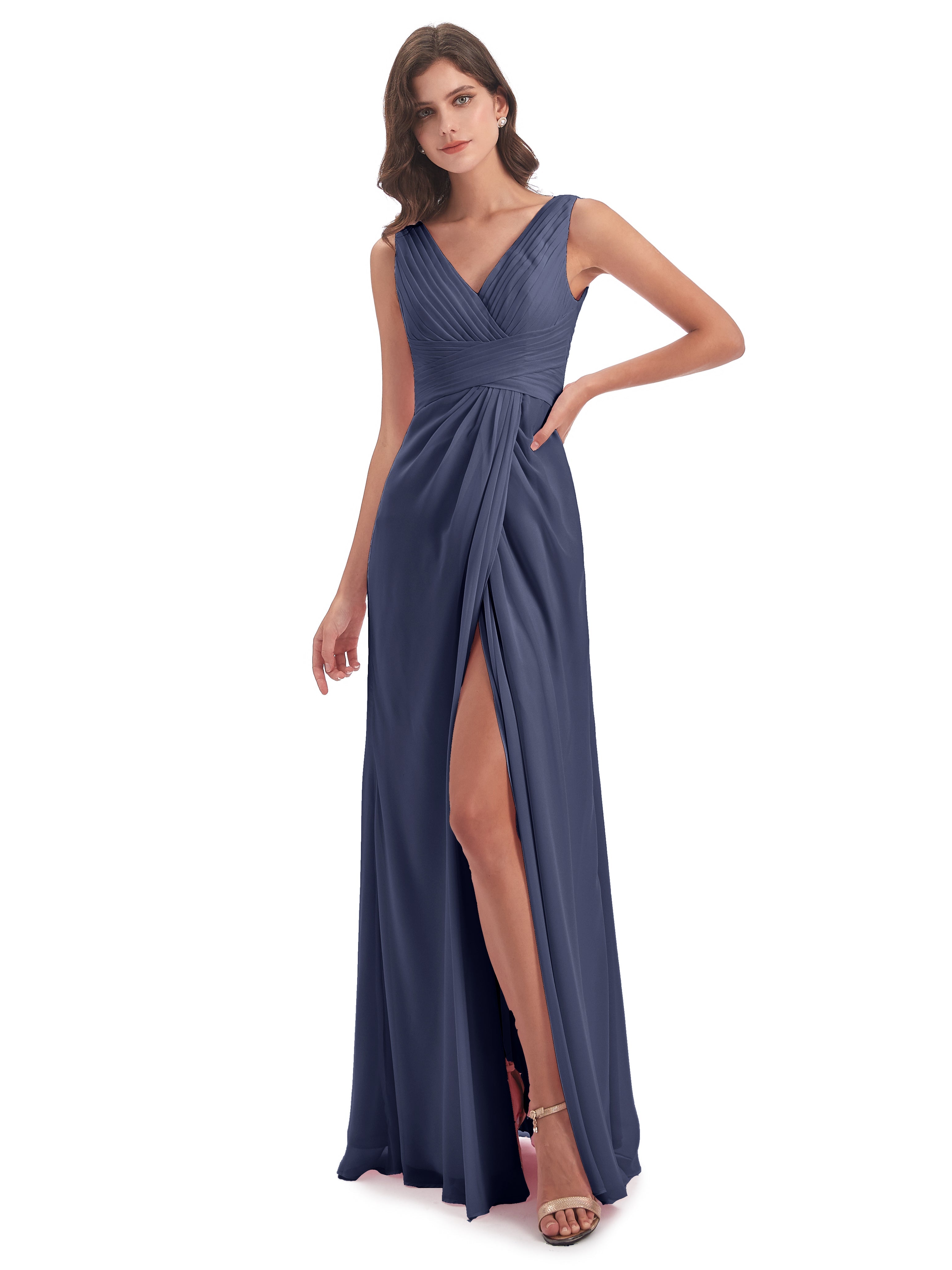 Robes De Demoiselle D'Honneur Bleu Orageux Fendue Devant Mousseline Longue Robes Demoiselle D'Honneur