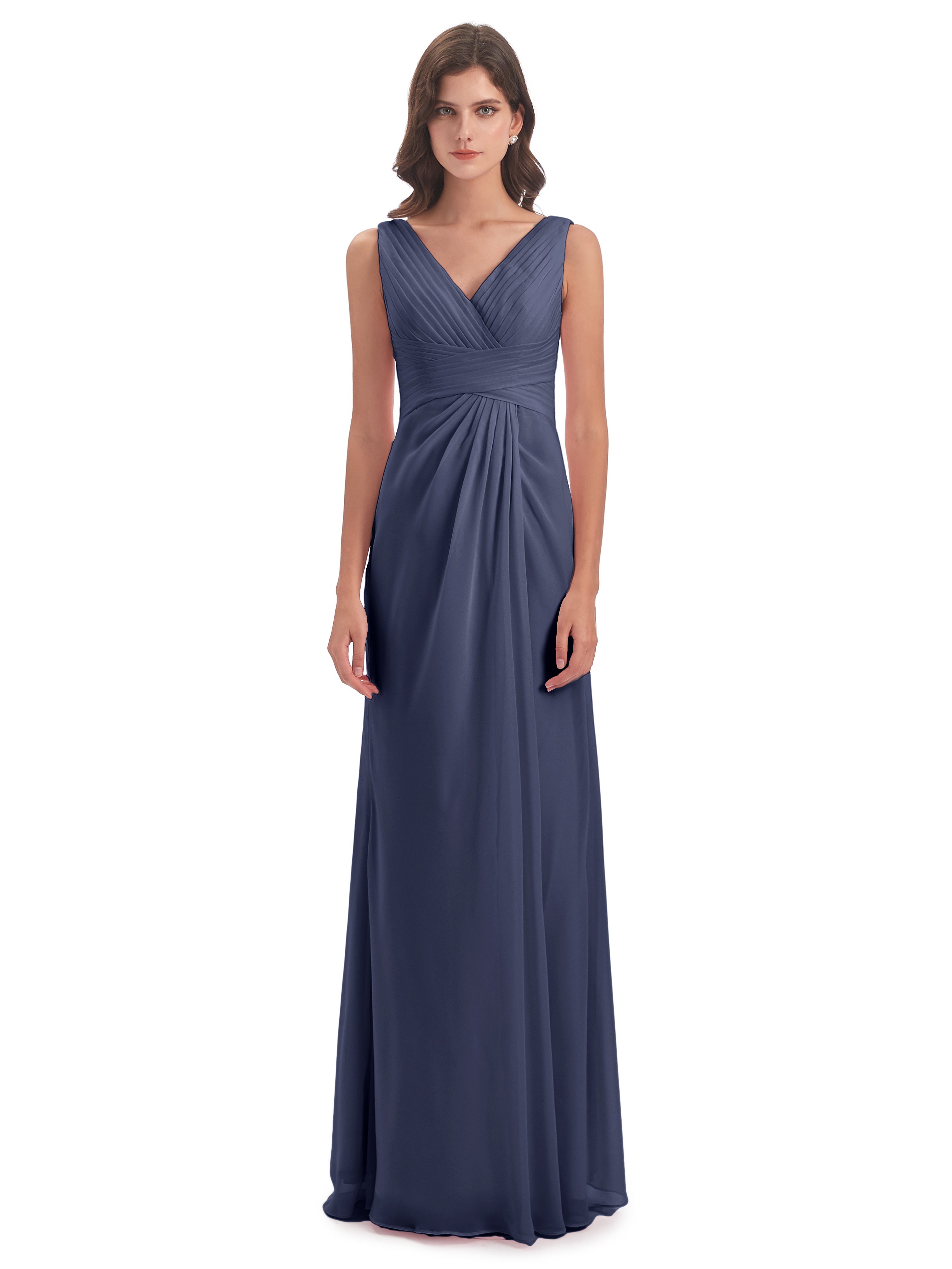 Robes De Demoiselle D'Honneur Bleu Orageux Fendue Devant Mousseline Longue Robes Demoiselle D'Honneur