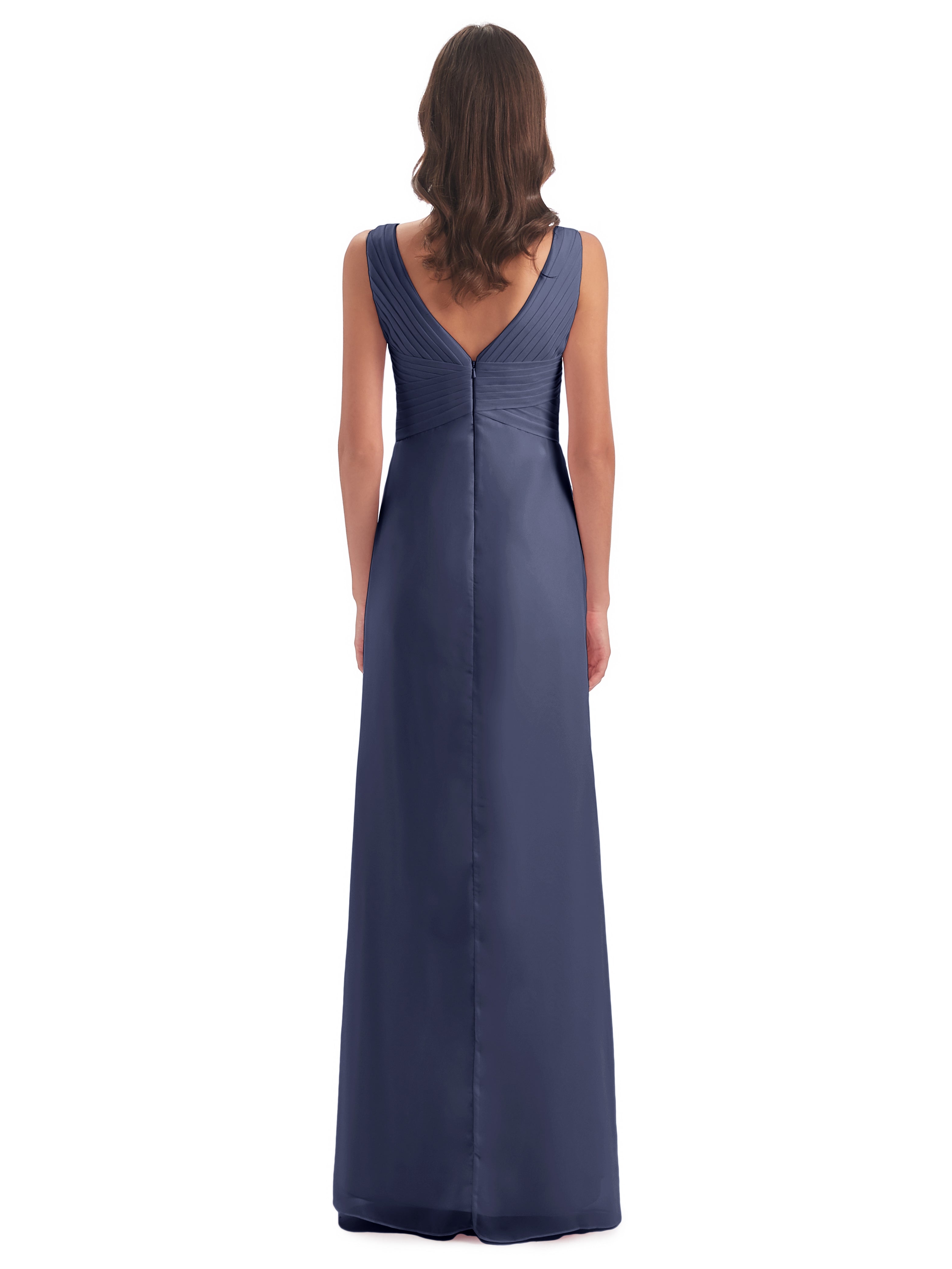 Robes De Demoiselle D'Honneur Bleu Orageux Fendue Devant Mousseline Longue Robes Demoiselle D'Honneur