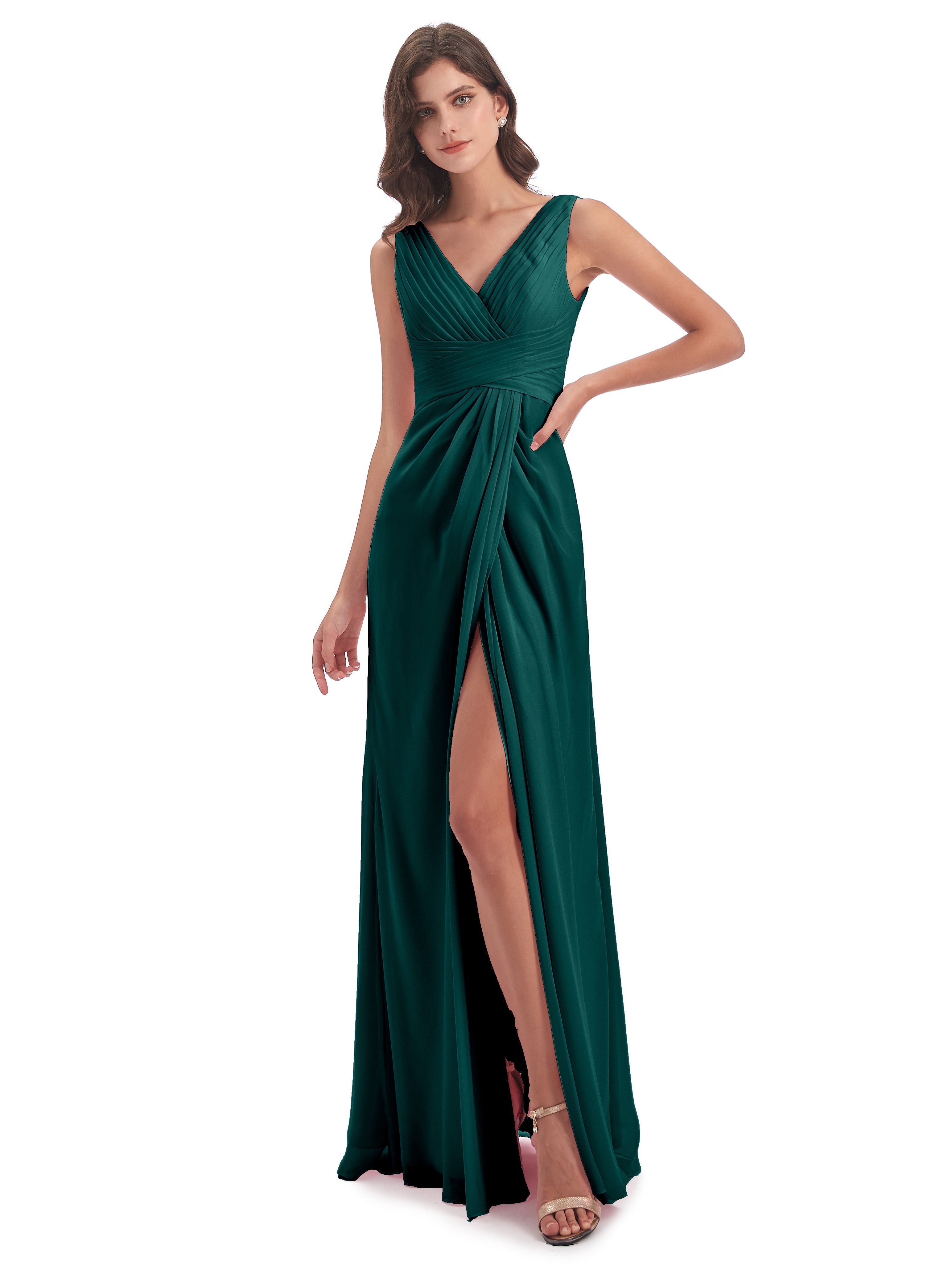 Robes De Demoiselle D'Honneur Couleur Paon Bon Marché Fendue Devant Mousseline Longue Robes Demoiselle D'Honneur