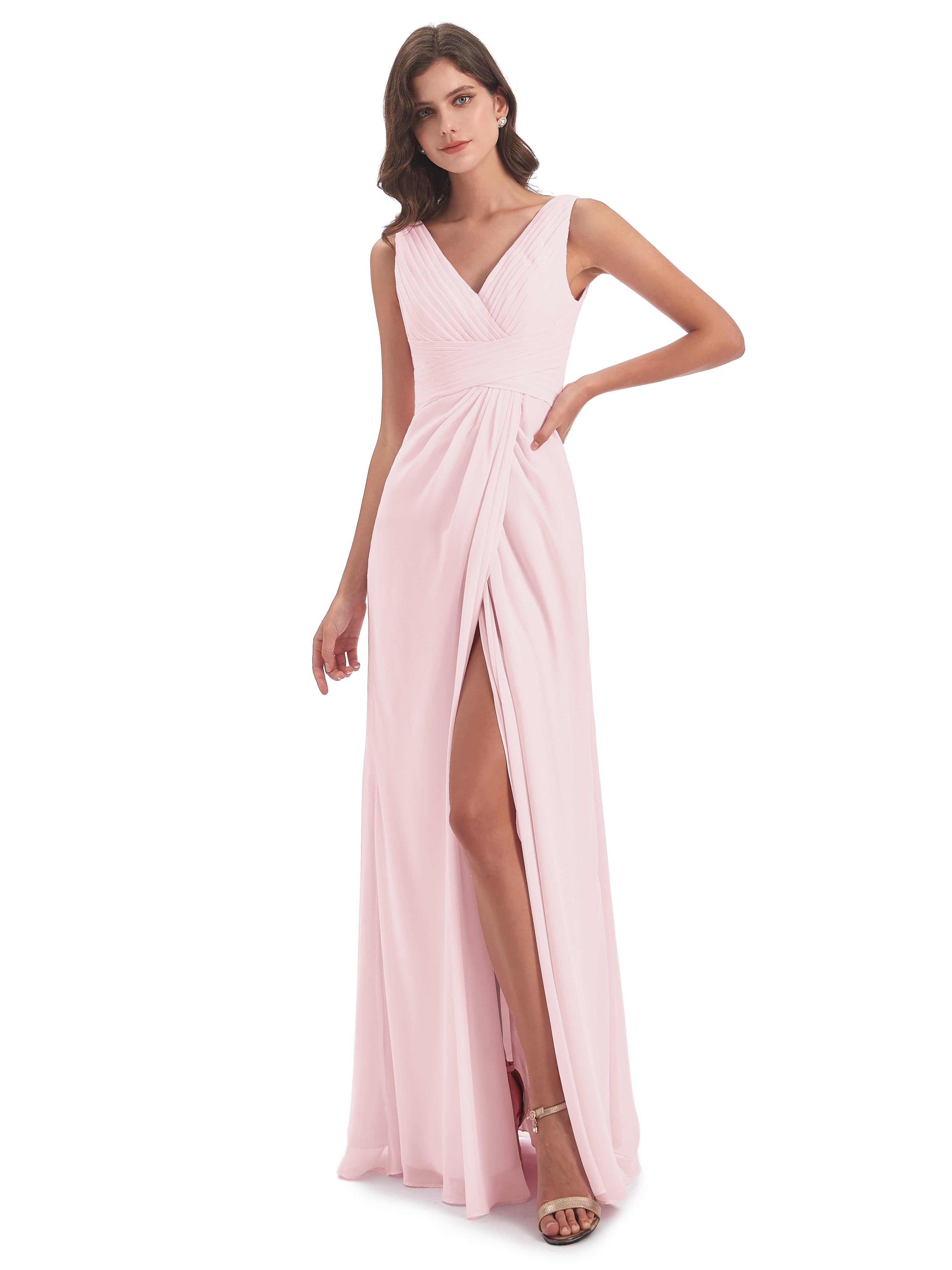 Robe De Demoiselle D Honneur Rose Pale Fendue Devant Mousseline Longue Robes Demoiselle D'Honneur