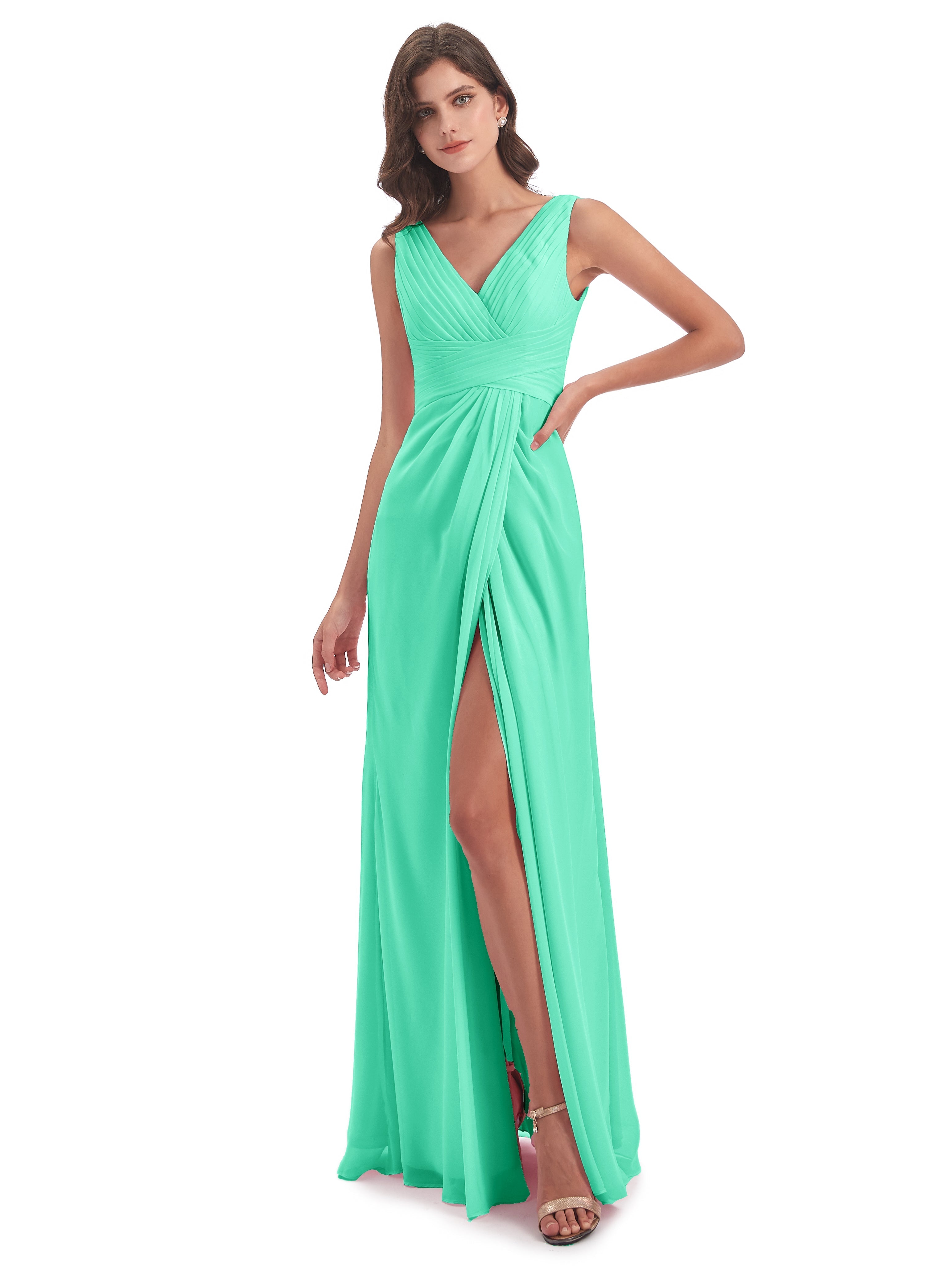 Robe Demoiselle D Honneur Turquoise Fendue Devant Mousseline Longue Robes Demoiselle D'Honneur