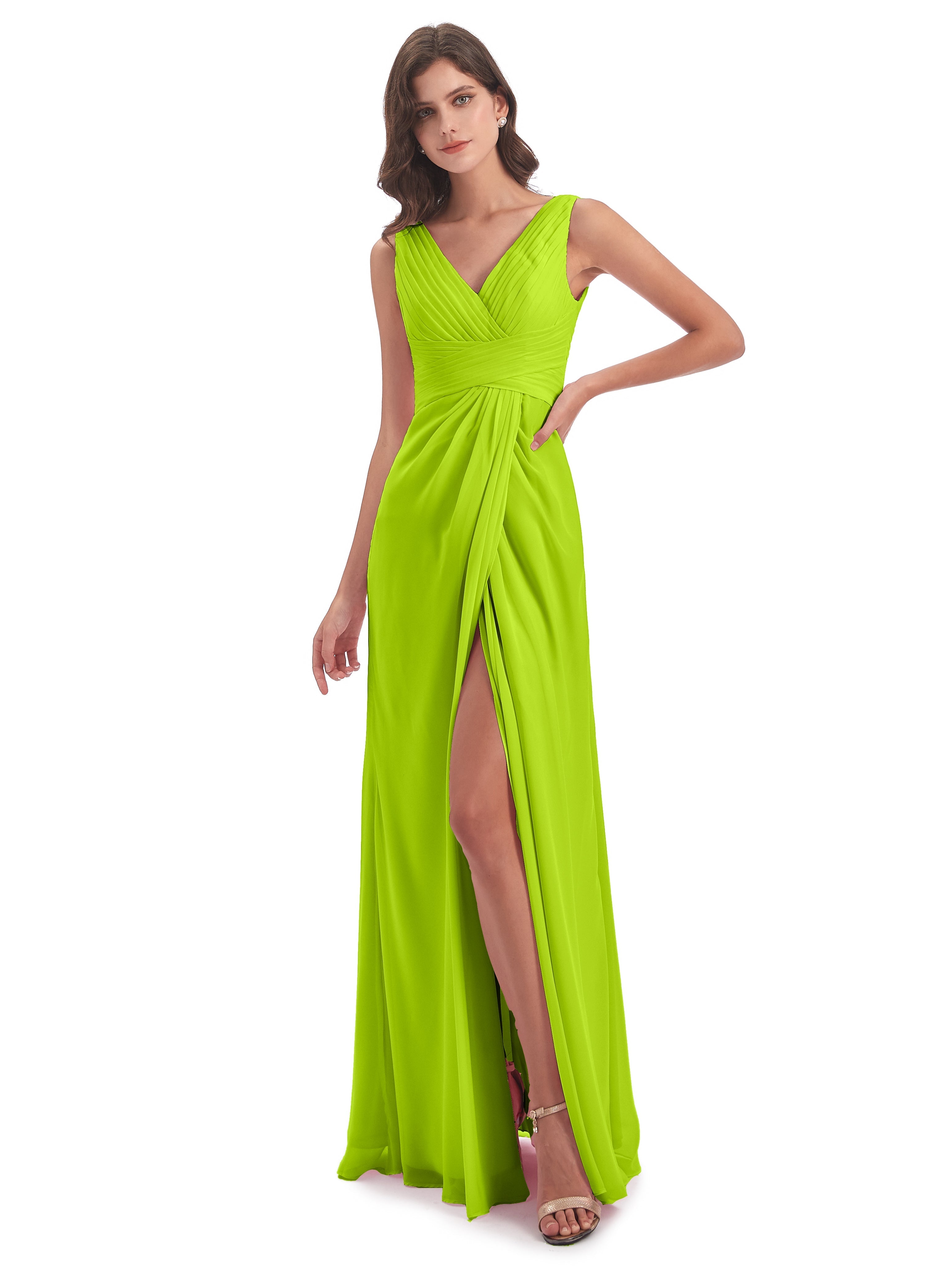 Robes De Demoiselle D'Honneur Vert Citron Fendue Devant Mousseline Longue Robes Demoiselle D'Honneur