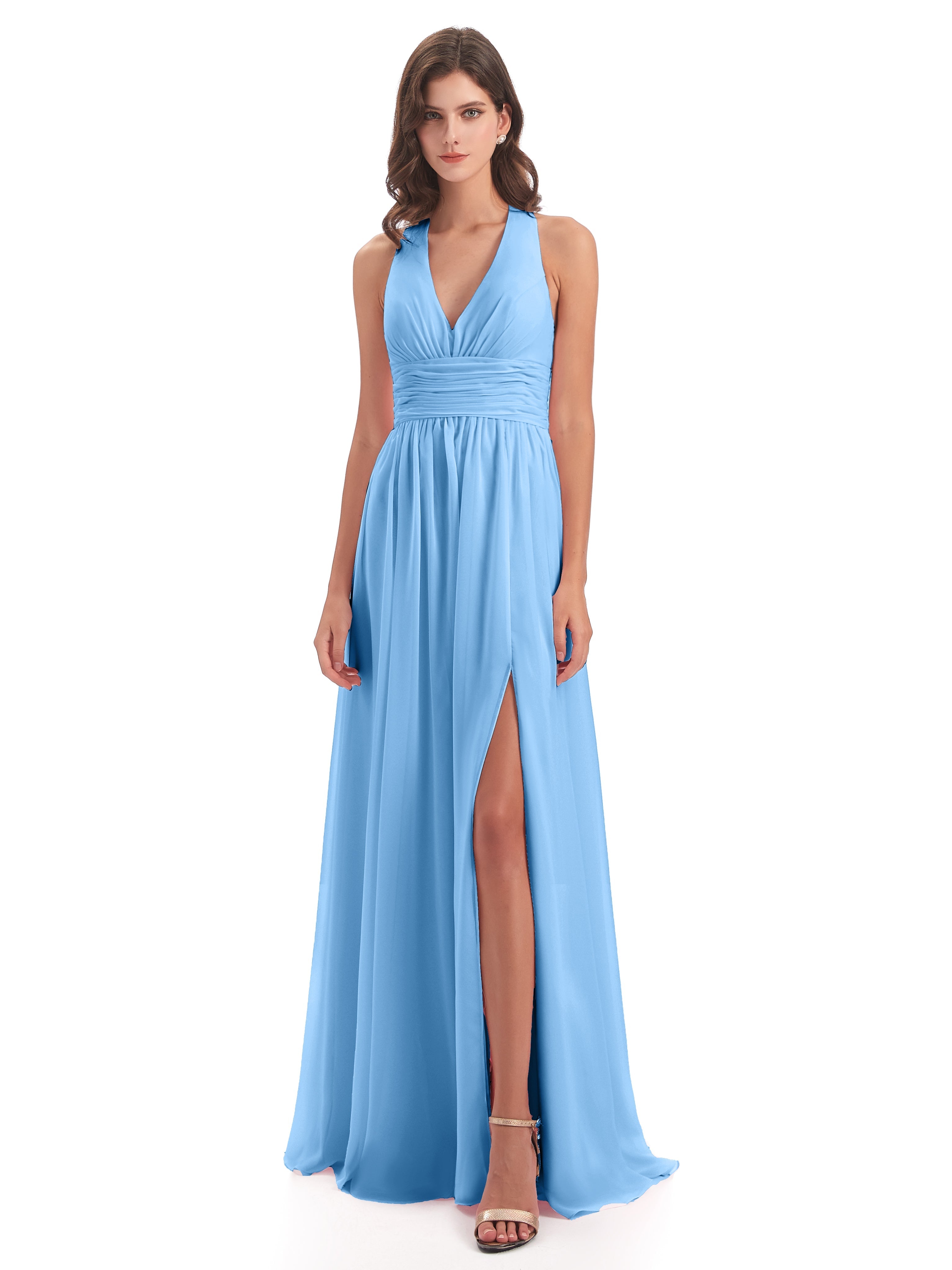 Robes De Demoiselle D'Honneur Bleues Nœud Papillon Fendue Devant Robes Demoiselle D'Honneur