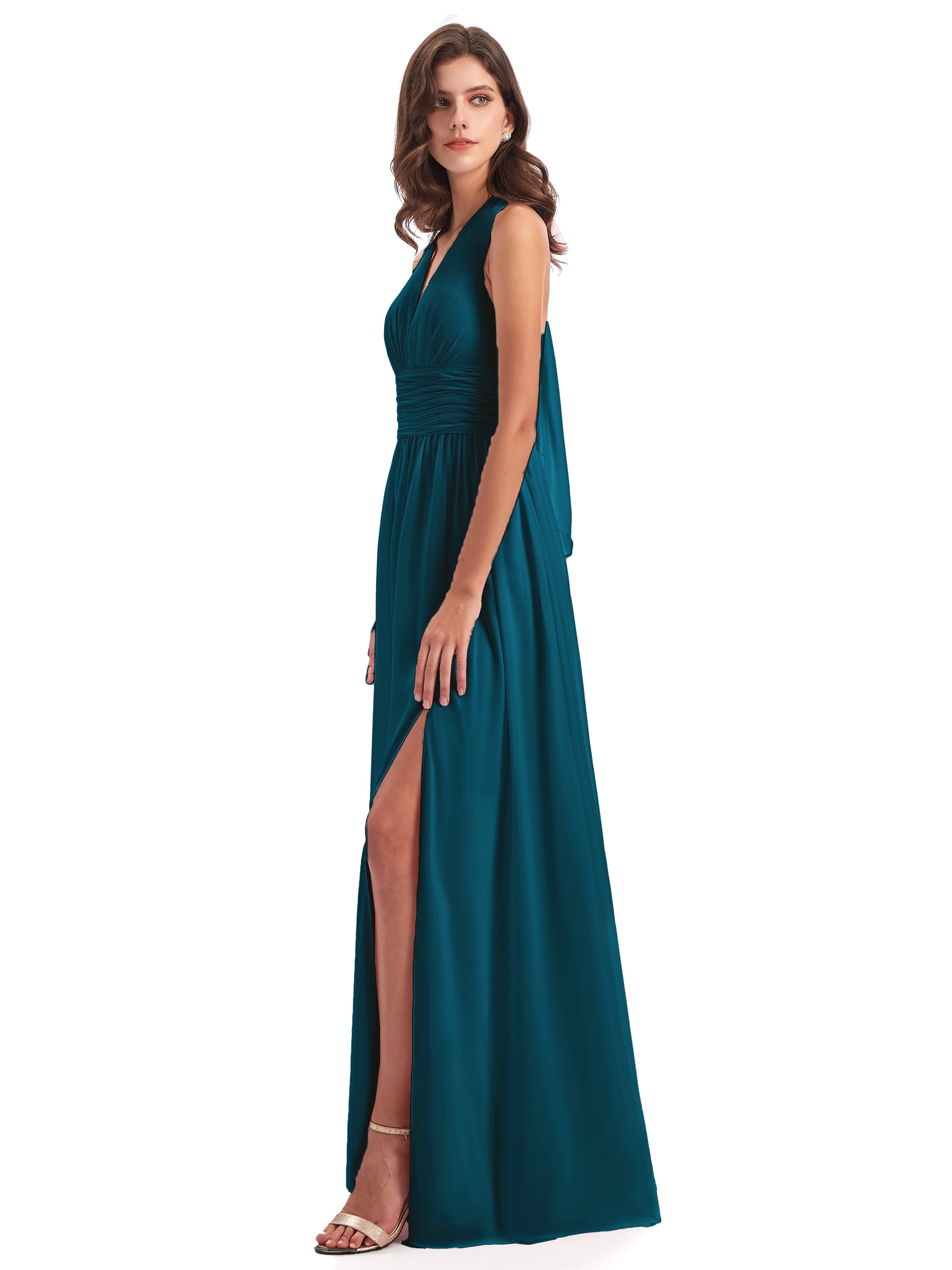 Robe De Demoiselle D'Honneur Bleu Encre Nœud Papillon Fendue Devant Robes Demoiselle D'Honneur