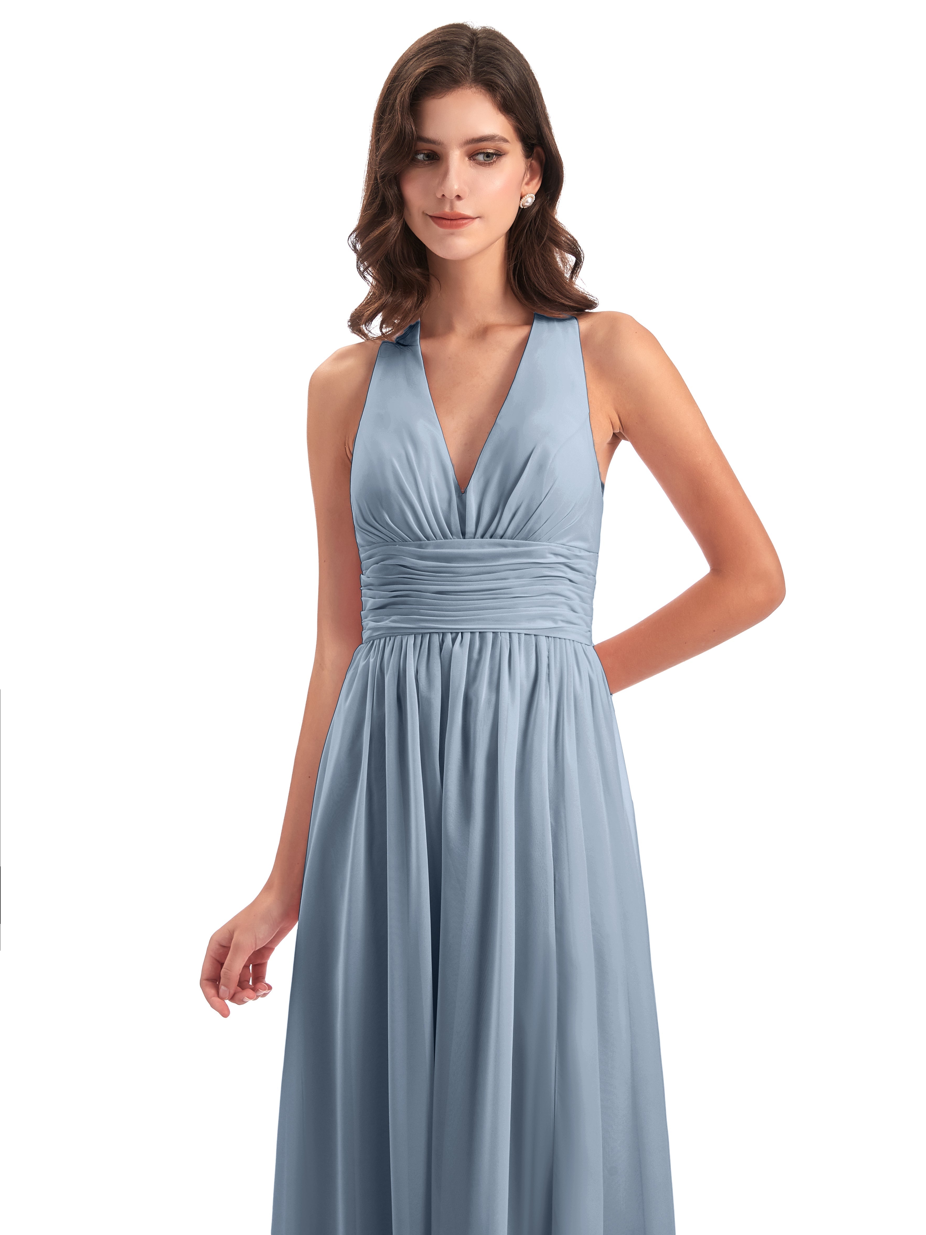 Robes De Demoiselle D'Honneur Bleu Gris Nœud Papillon Fendue Devant Robes Demoiselle D'Honneur