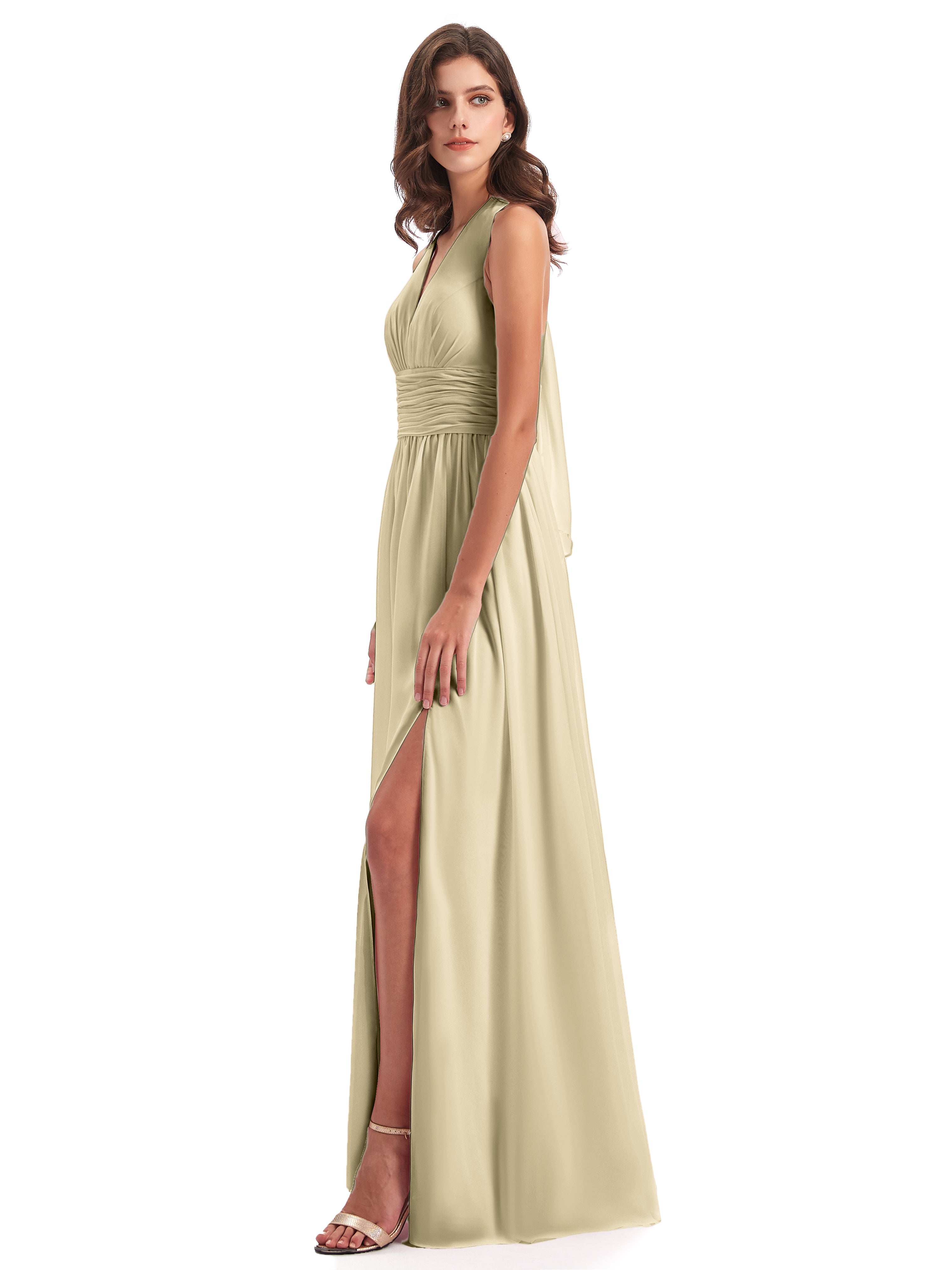 Robe De Demoiselle D Honneur Couleur Champagne Nœud Papillon Fendue Devant Robes Demoiselle D'Honneur