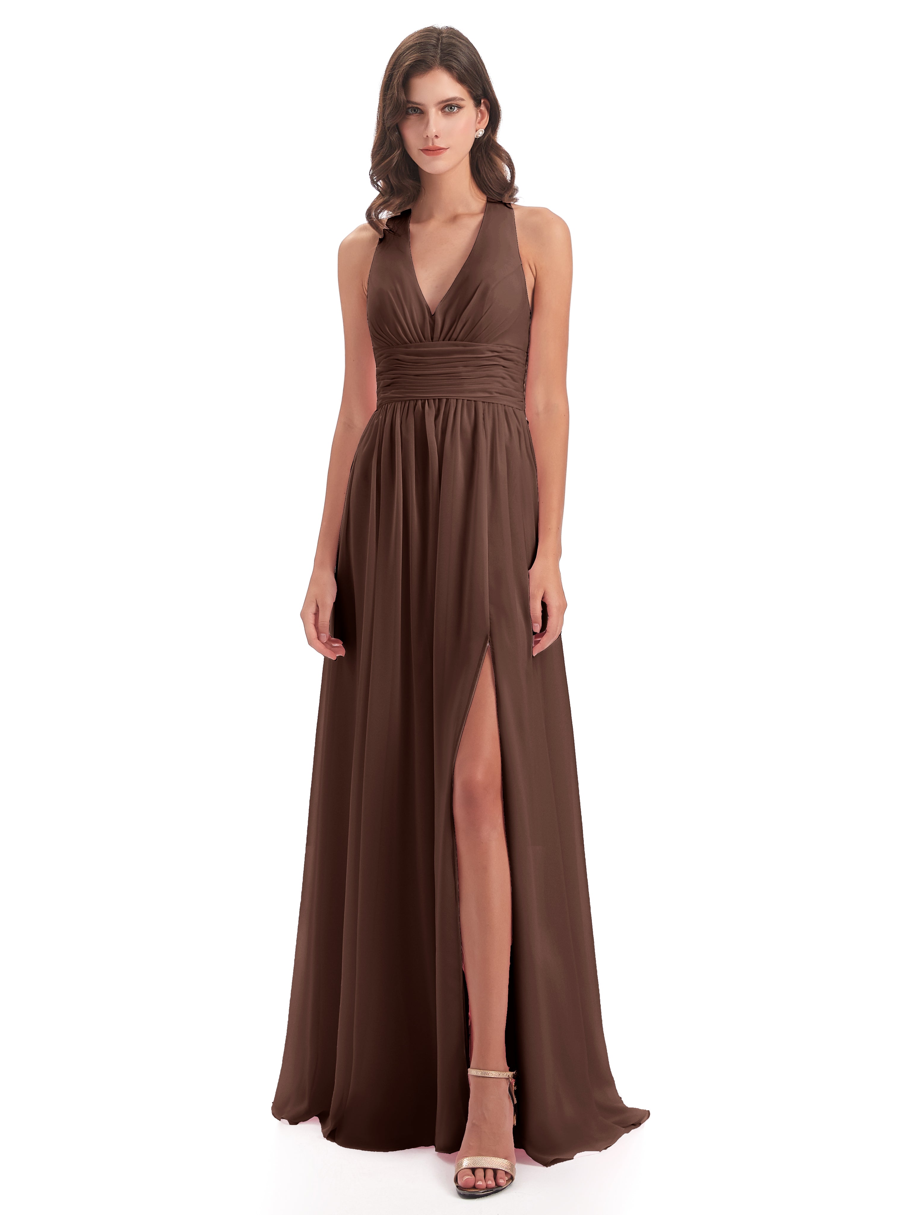 Robe Demoiselle D Honneur Marron Chocolat Nœud Papillon Fendue Devant Robes Demoiselle D'Honneur