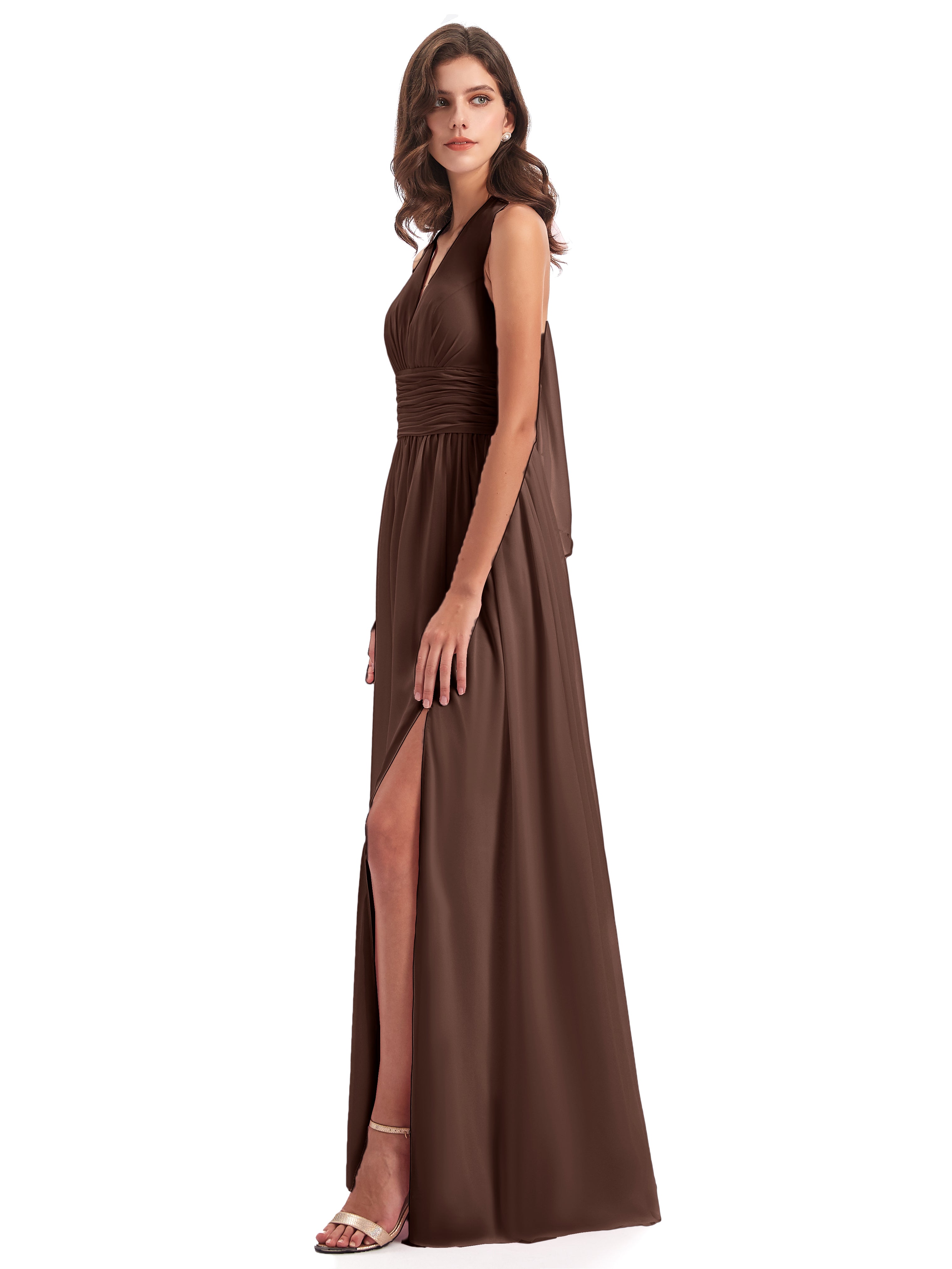 Robe Demoiselle D Honneur Marron Chocolat Nœud Papillon Fendue Devant Robes Demoiselle D'Honneur