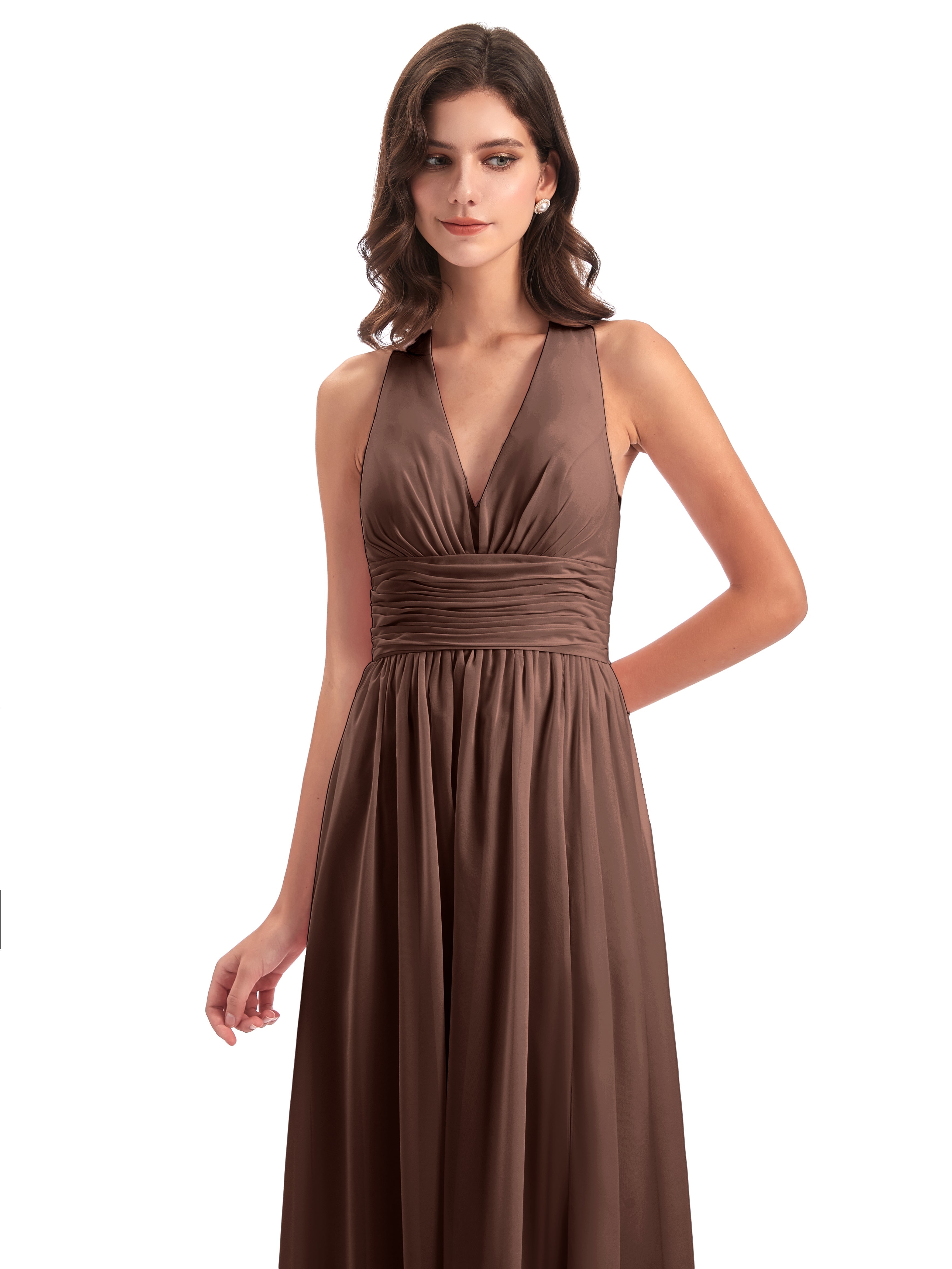 Robe Demoiselle D Honneur Marron Chocolat Nœud Papillon Fendue Devant Robes Demoiselle D'Honneur