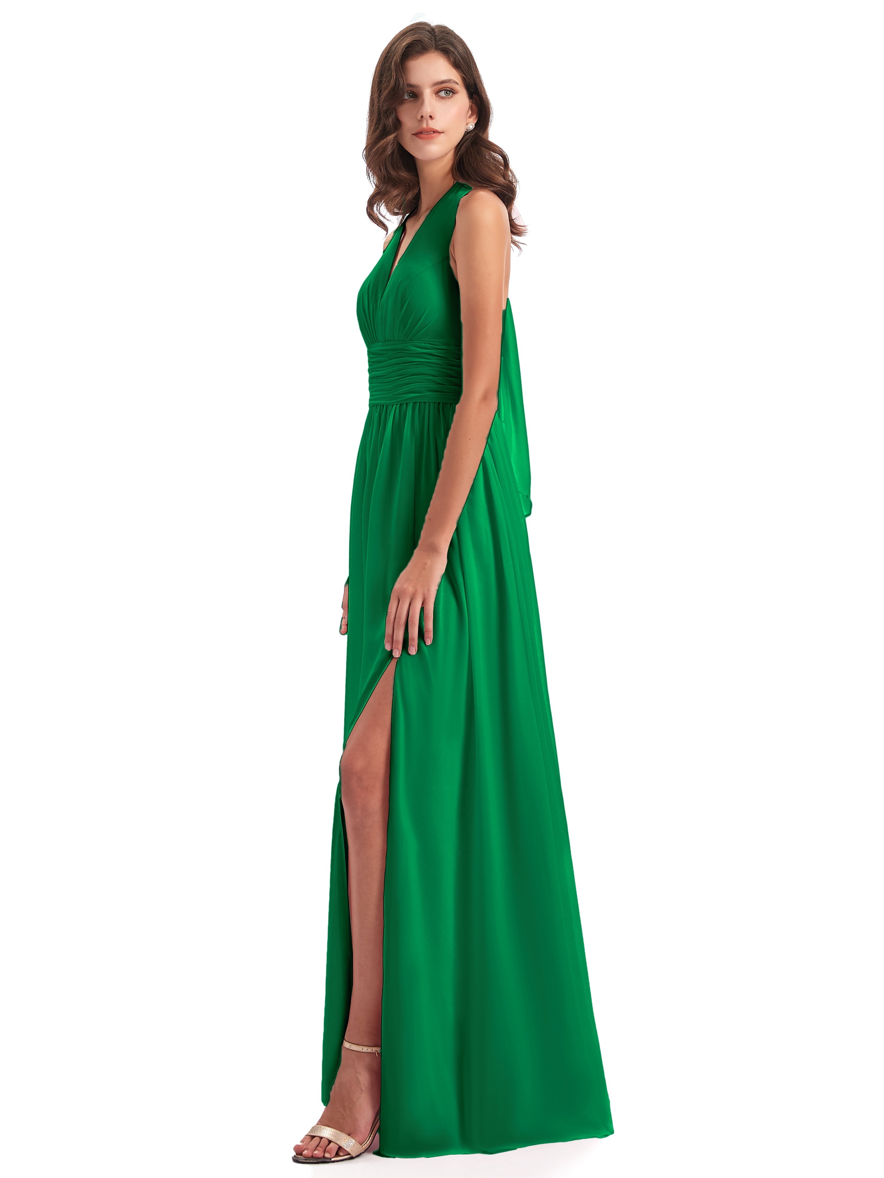 Robe Vert Emeraude Demoiselle D Honneur Nœud Papillon Fendue Devant Robes Demoiselle D'Honneur