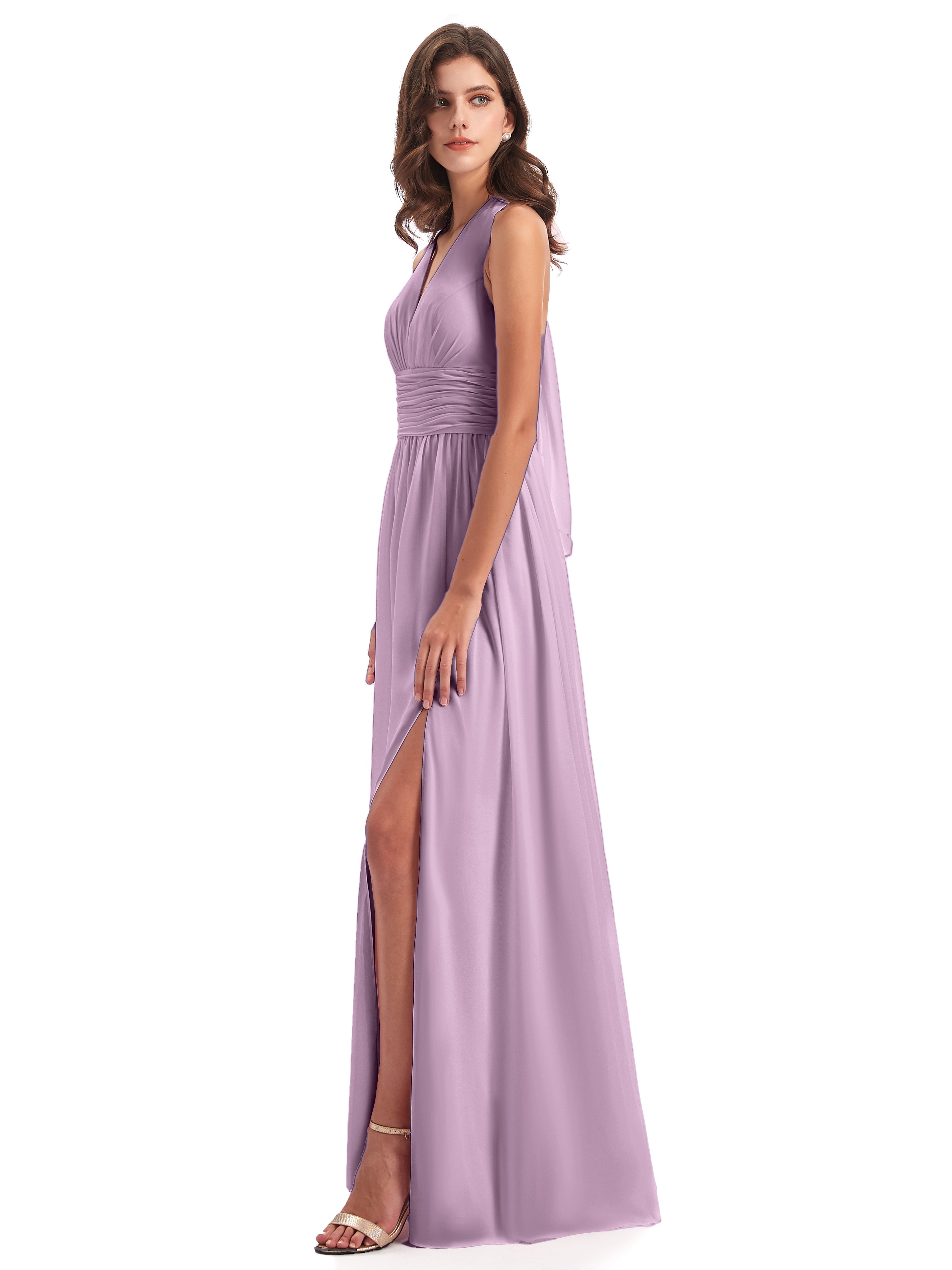Robes De Demoiselle D'Honneur Glycine Nœud Papillon Fendue Devant Robes Demoiselle D'Honneur