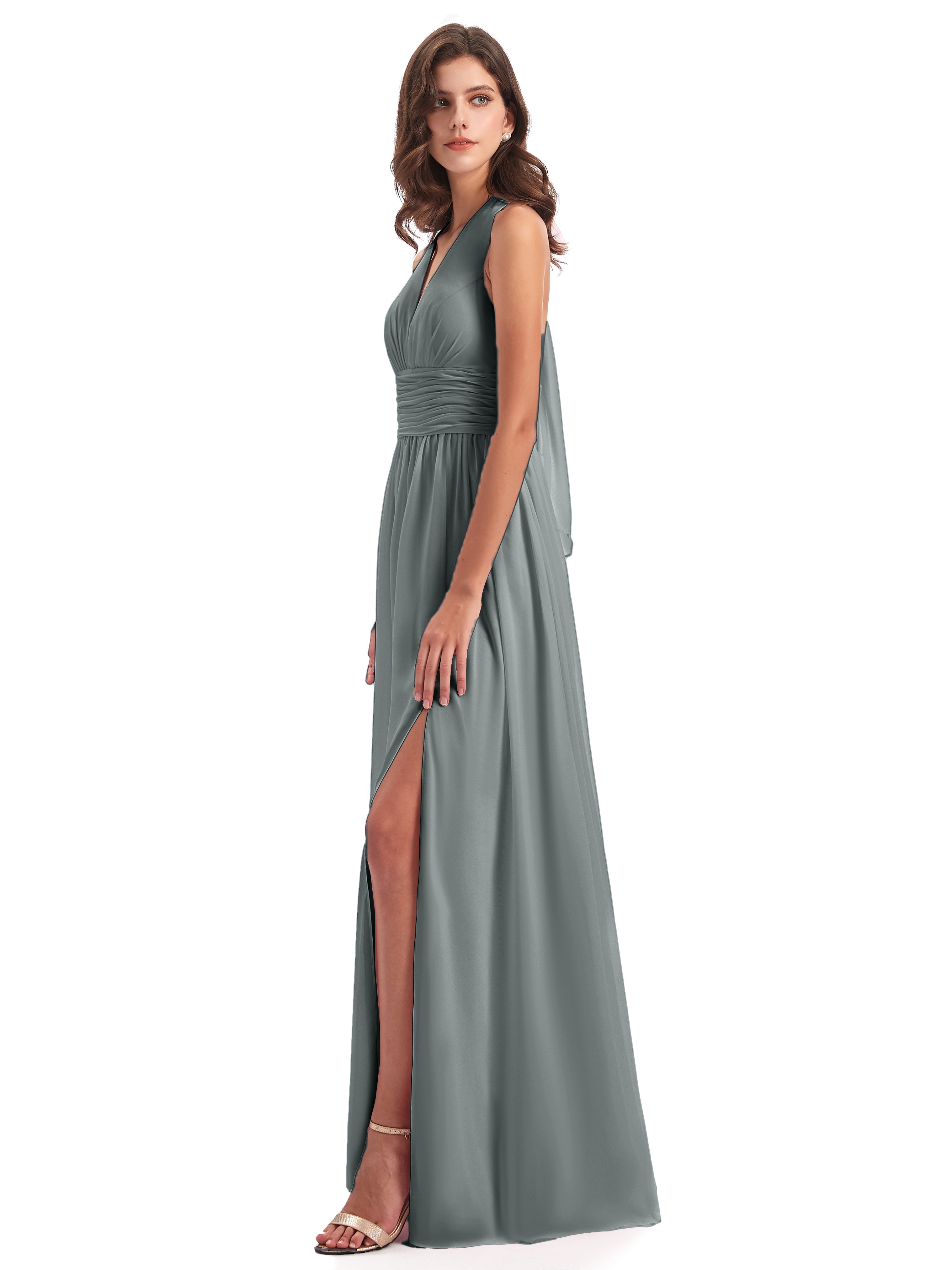 Robe De Demoiselle D Honneur Gris Nœud Papillon Fendue Devant Robes Demoiselle D'Honneur