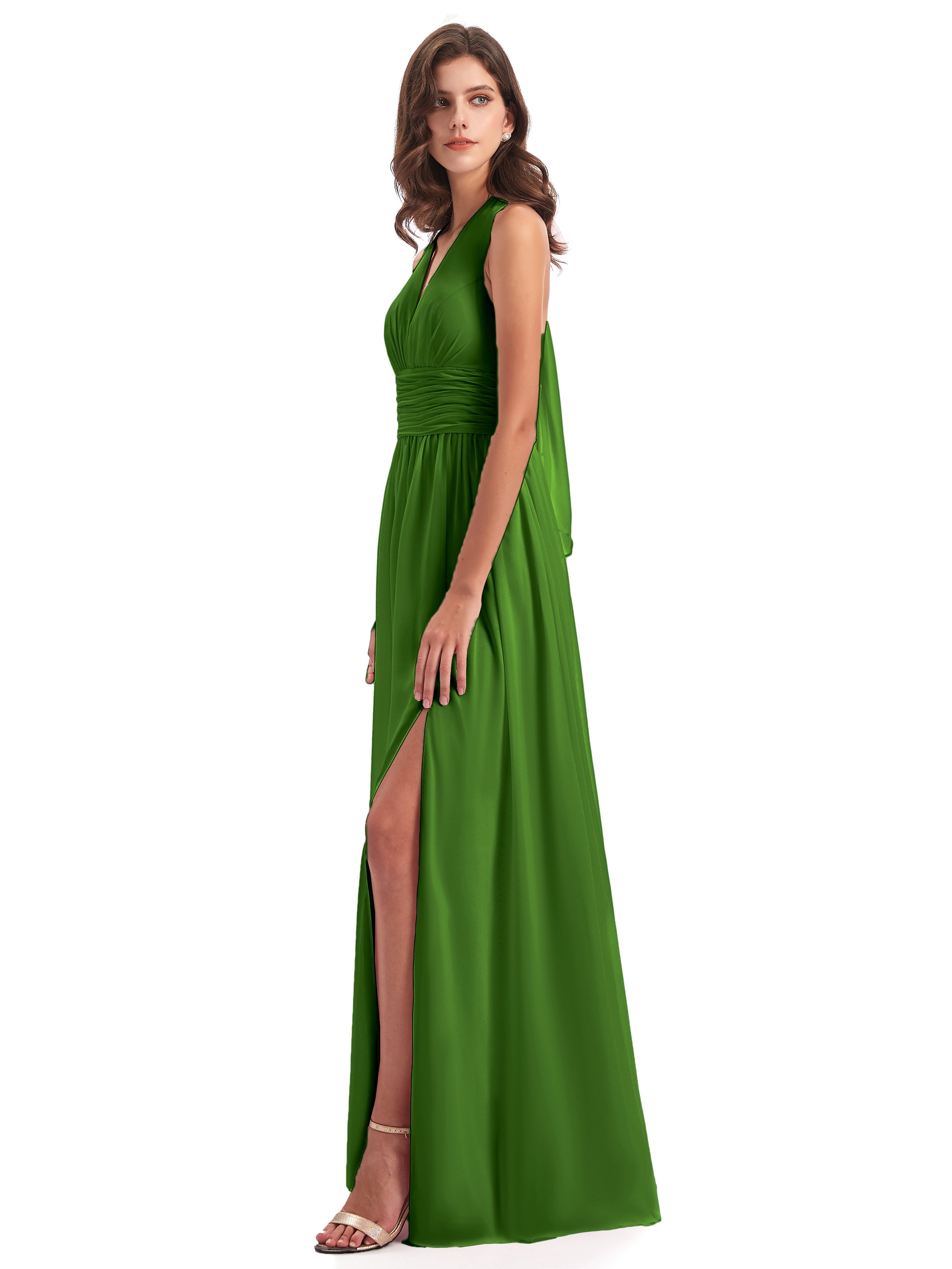 Robes De Demoiselle D'Honneur Vert Mousse Nœud Papillon Fendue Devant Robes Demoiselle D'Honneur