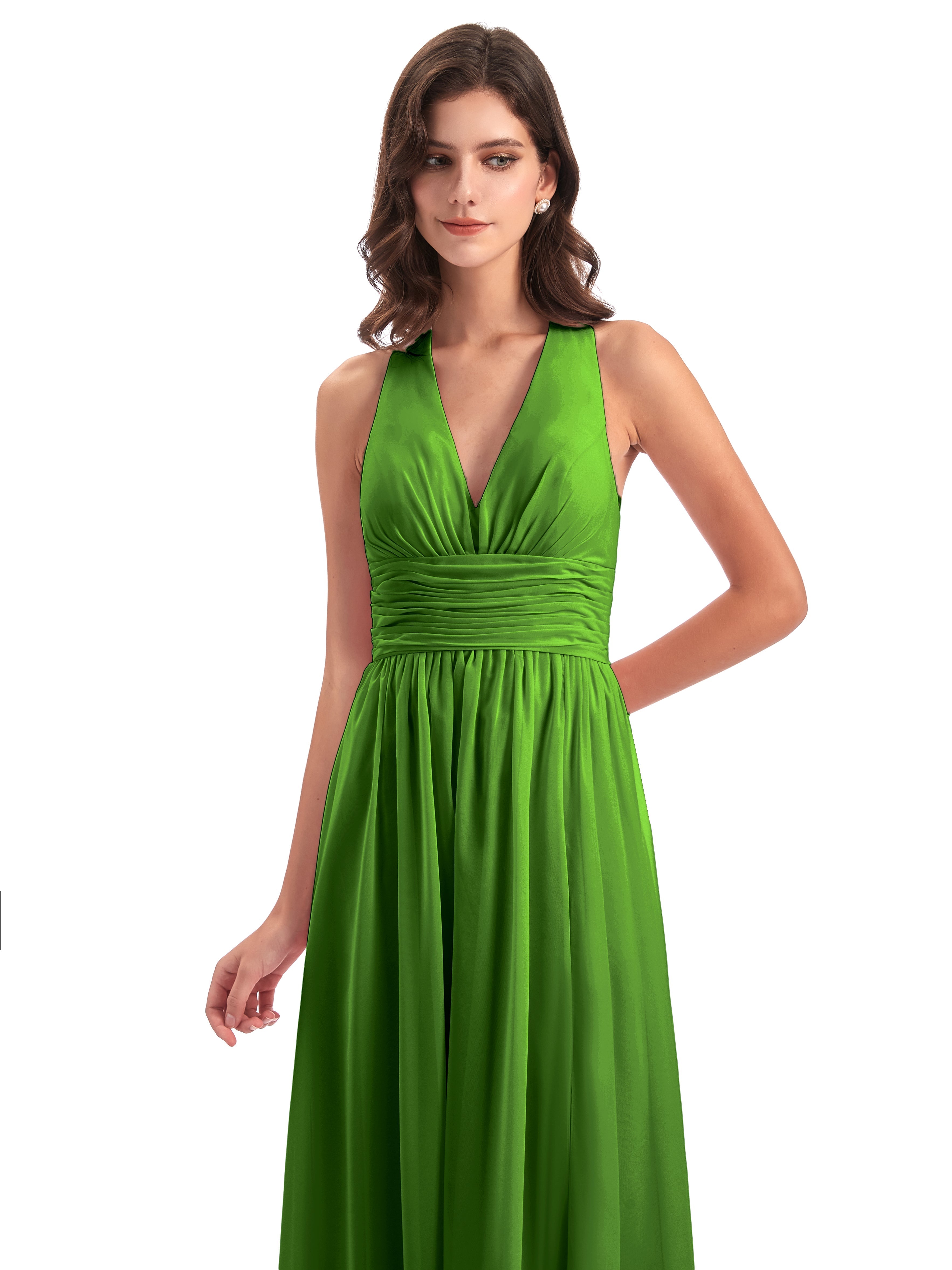 Robes De Demoiselle D'Honneur Vert Mousse Nœud Papillon Fendue Devant Robes Demoiselle D'Honneur