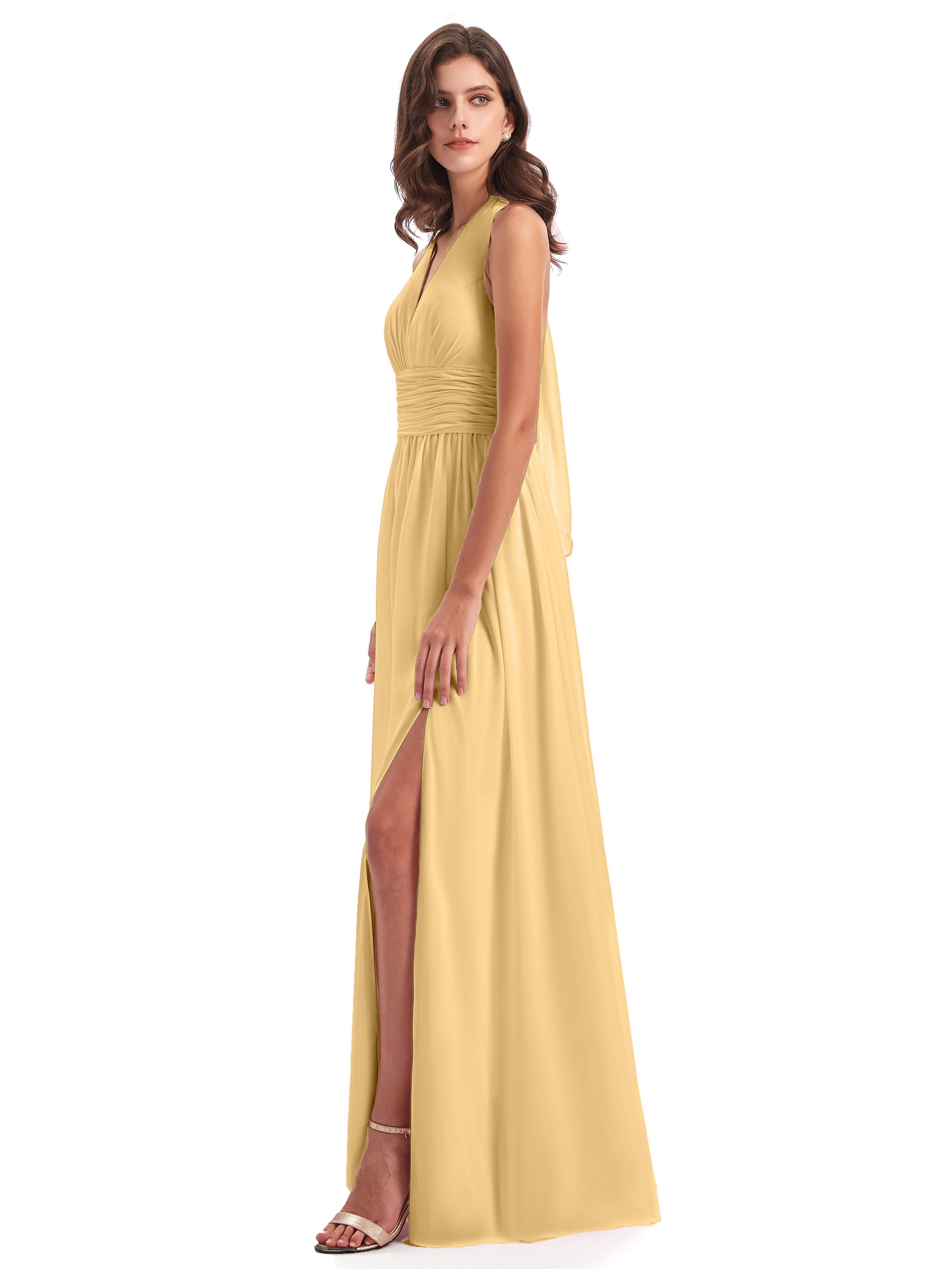 Robe Dorée Demoiselle D Honneur Nœud Papillon Fendue Devant Robes Demoiselle D'Honneur