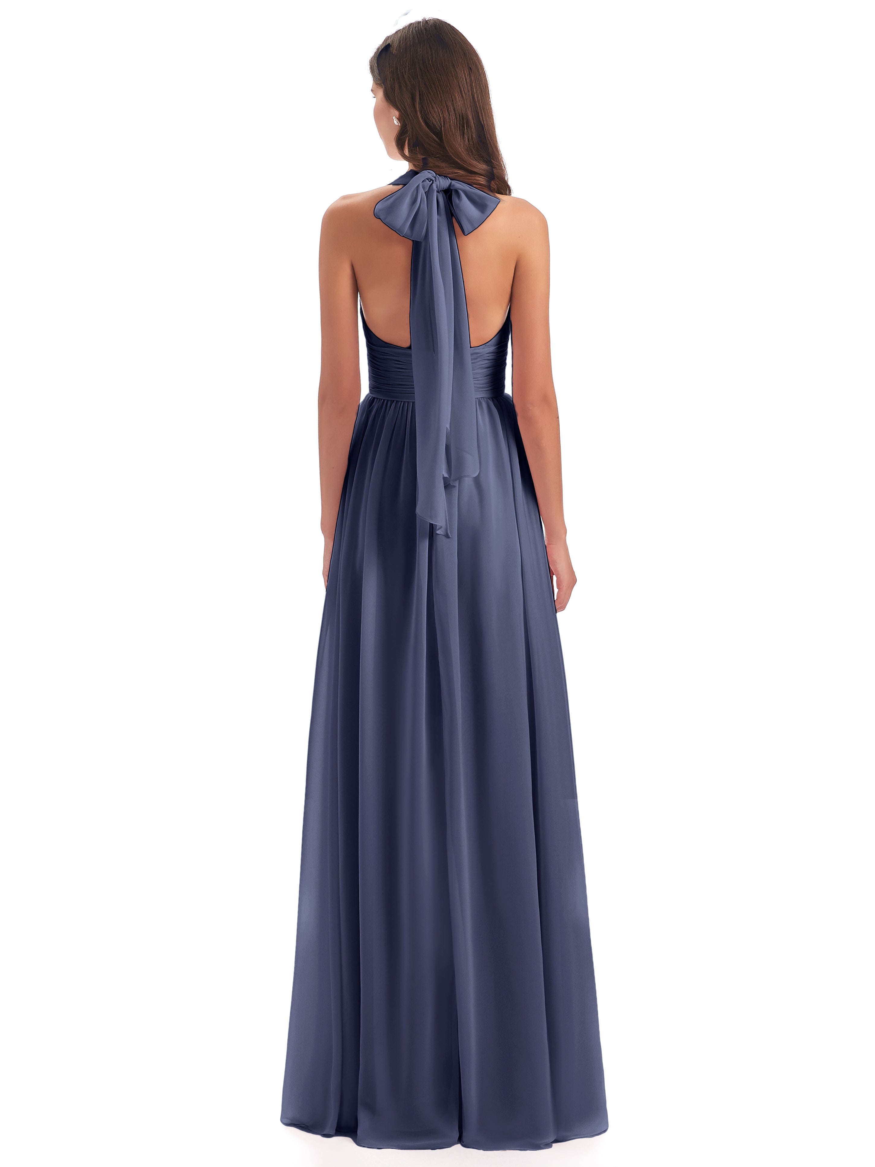 Robes De Demoiselle D'Honneur Bleu Orageux Nœud Papillon Fendue Devant Robes Demoiselle D'Honneur