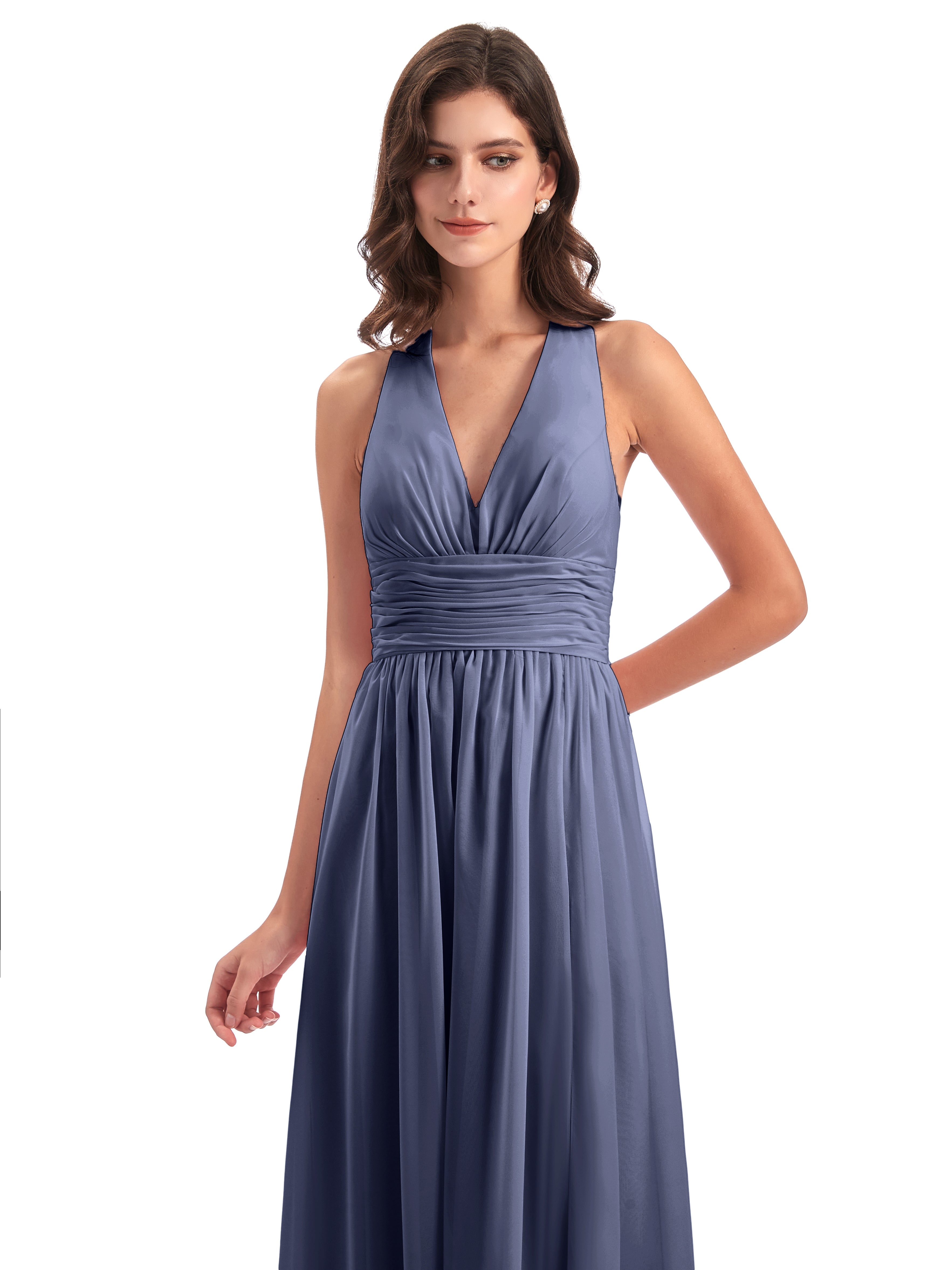 Robes De Demoiselle D'Honneur Bleu Orageux Nœud Papillon Fendue Devant Robes Demoiselle D'Honneur