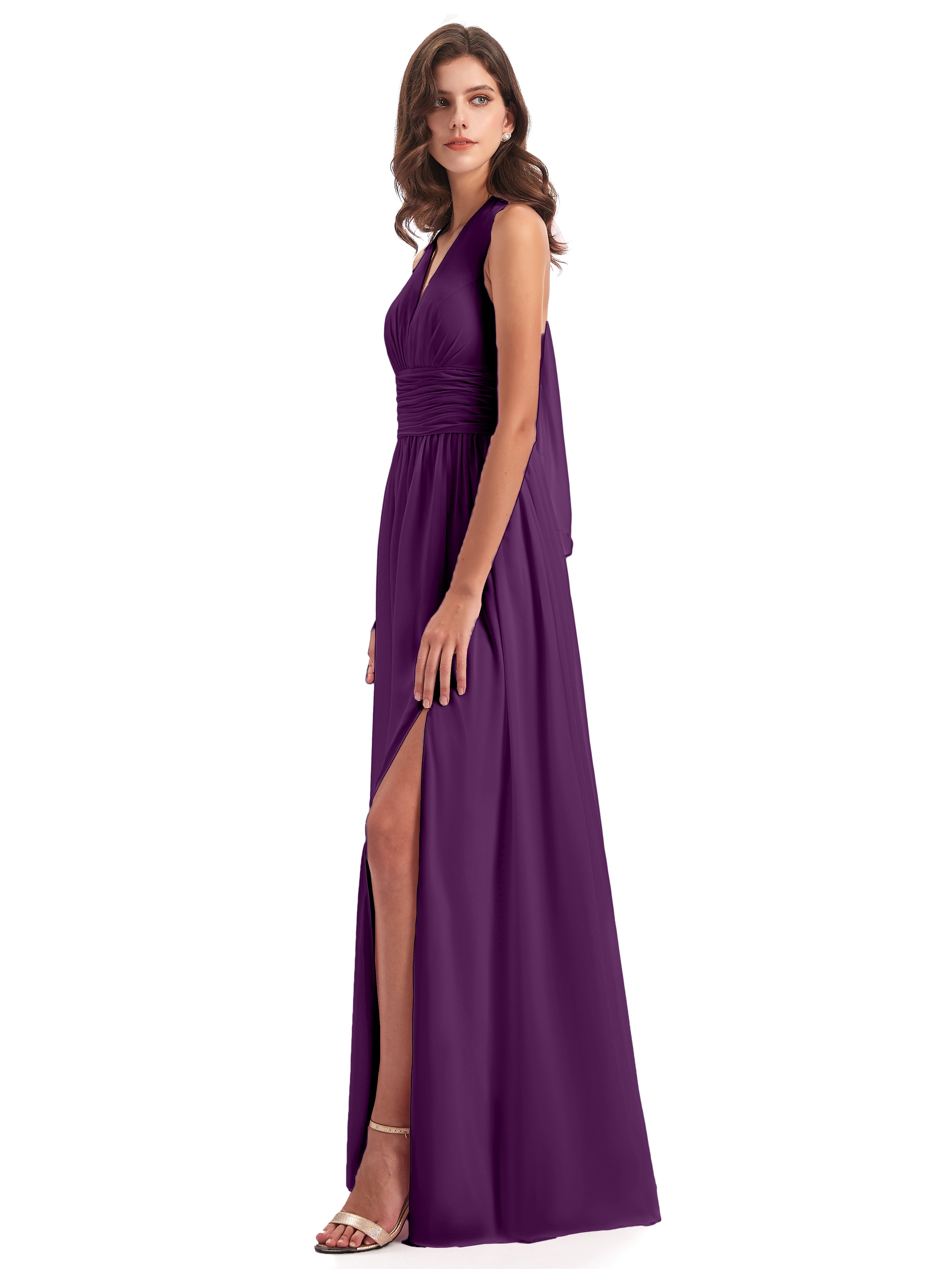 Robes De Demoiselle D'Honneur En Raisin Nœud Papillon Fendue Devant Robes Demoiselle D'Honneur