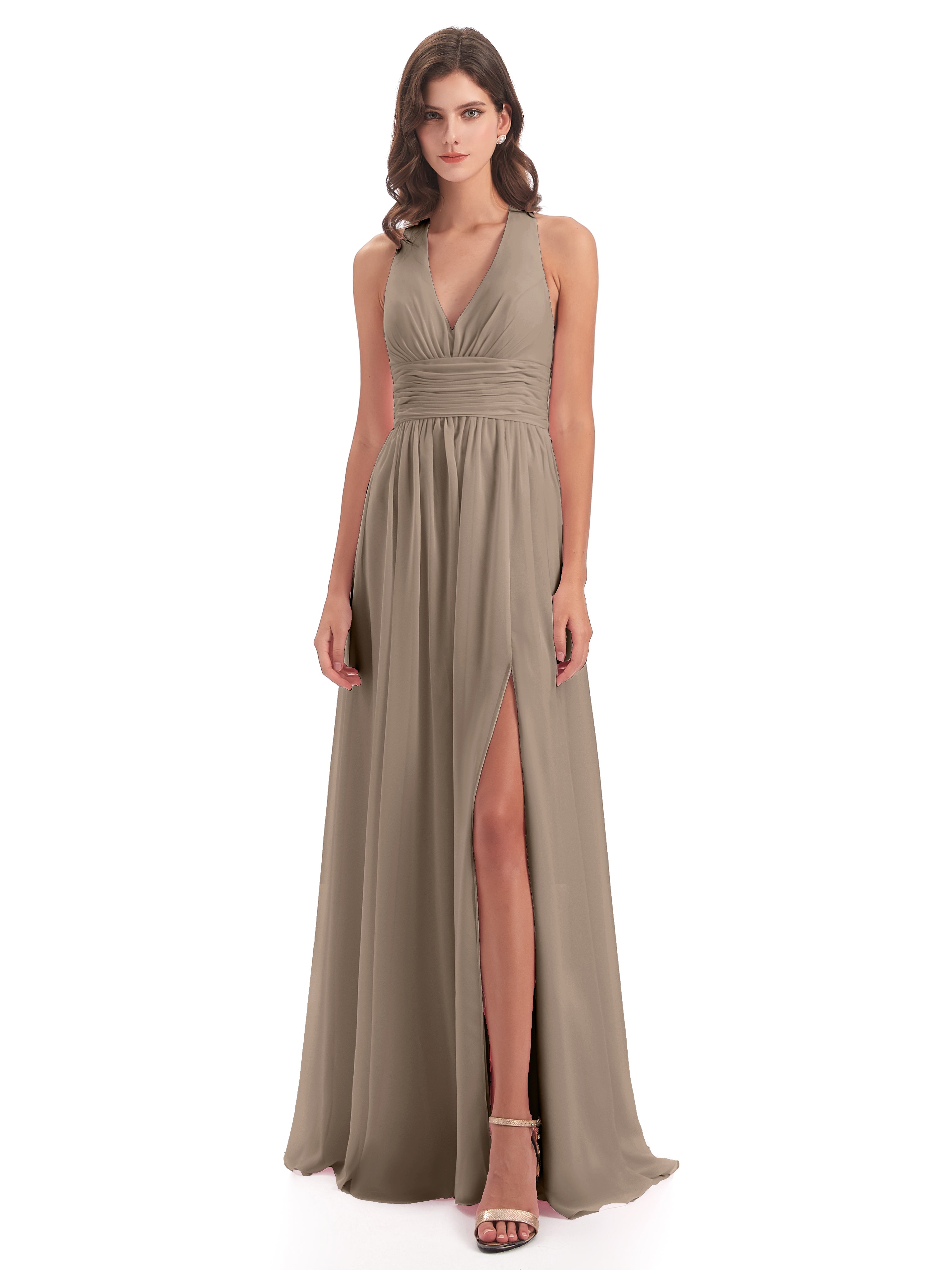 Robe Demoiselle D Honneur Taupe Nœud Papillon Fendue Devant Robes Demoiselle D'Honneur