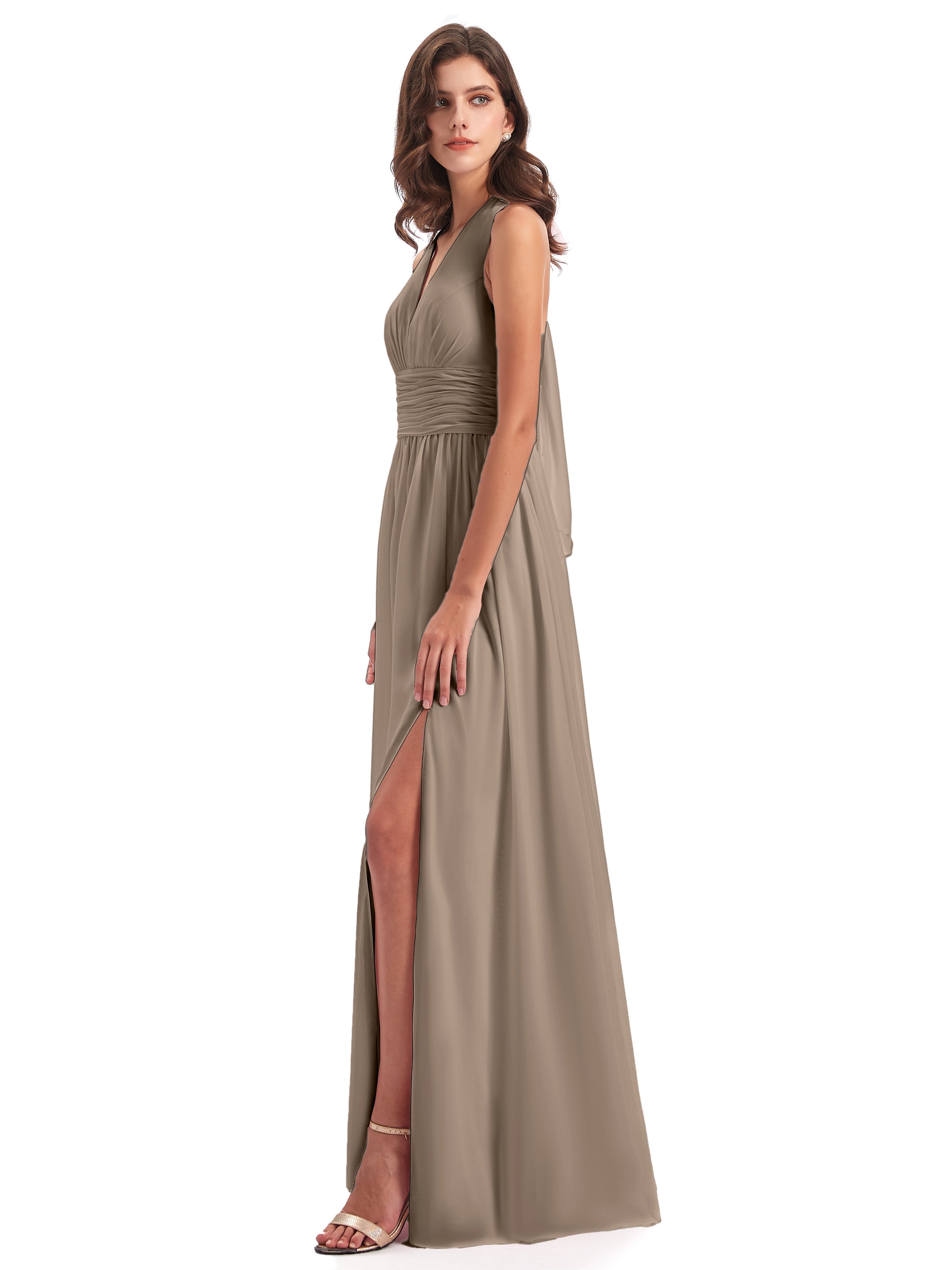 Robe Demoiselle D Honneur Taupe Nœud Papillon Fendue Devant Robes Demoiselle D'Honneur