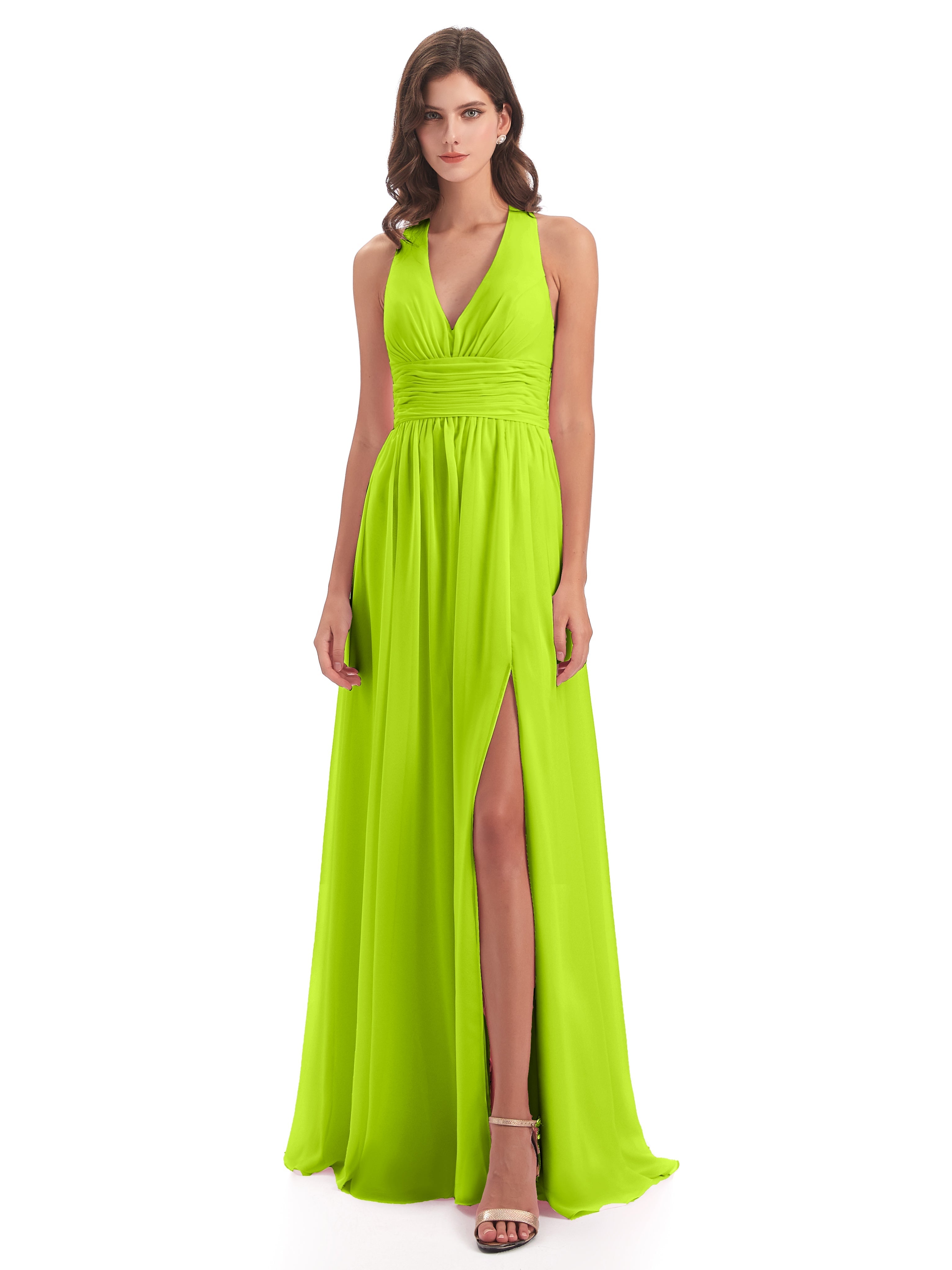 Robes De Demoiselle D'Honneur Vert Citron Nœud Papillon Fendue Devant Robes Demoiselle D'Honneur