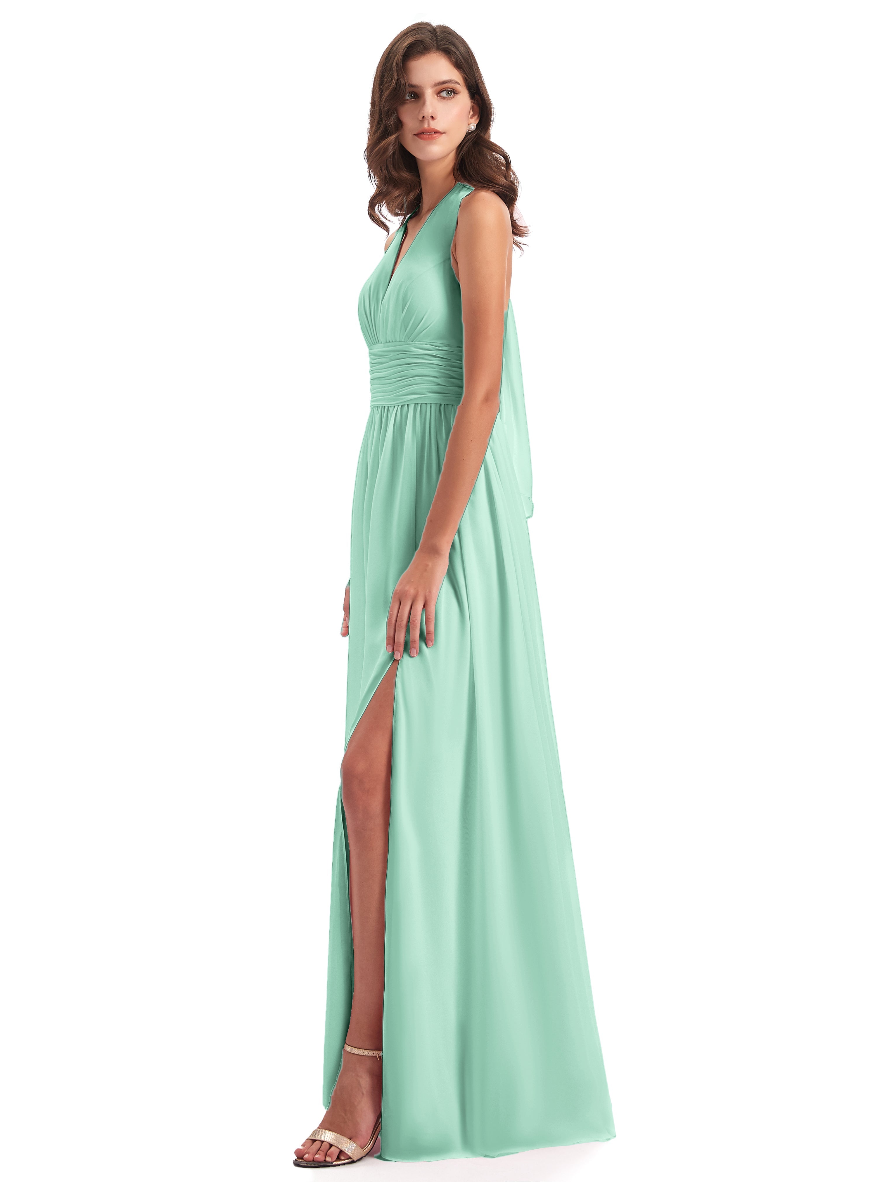 Robes De Demoiselle D'Honneur Vert Menthe Nœud Papillon Fendue Devant Robes Demoiselle D'Honneur
