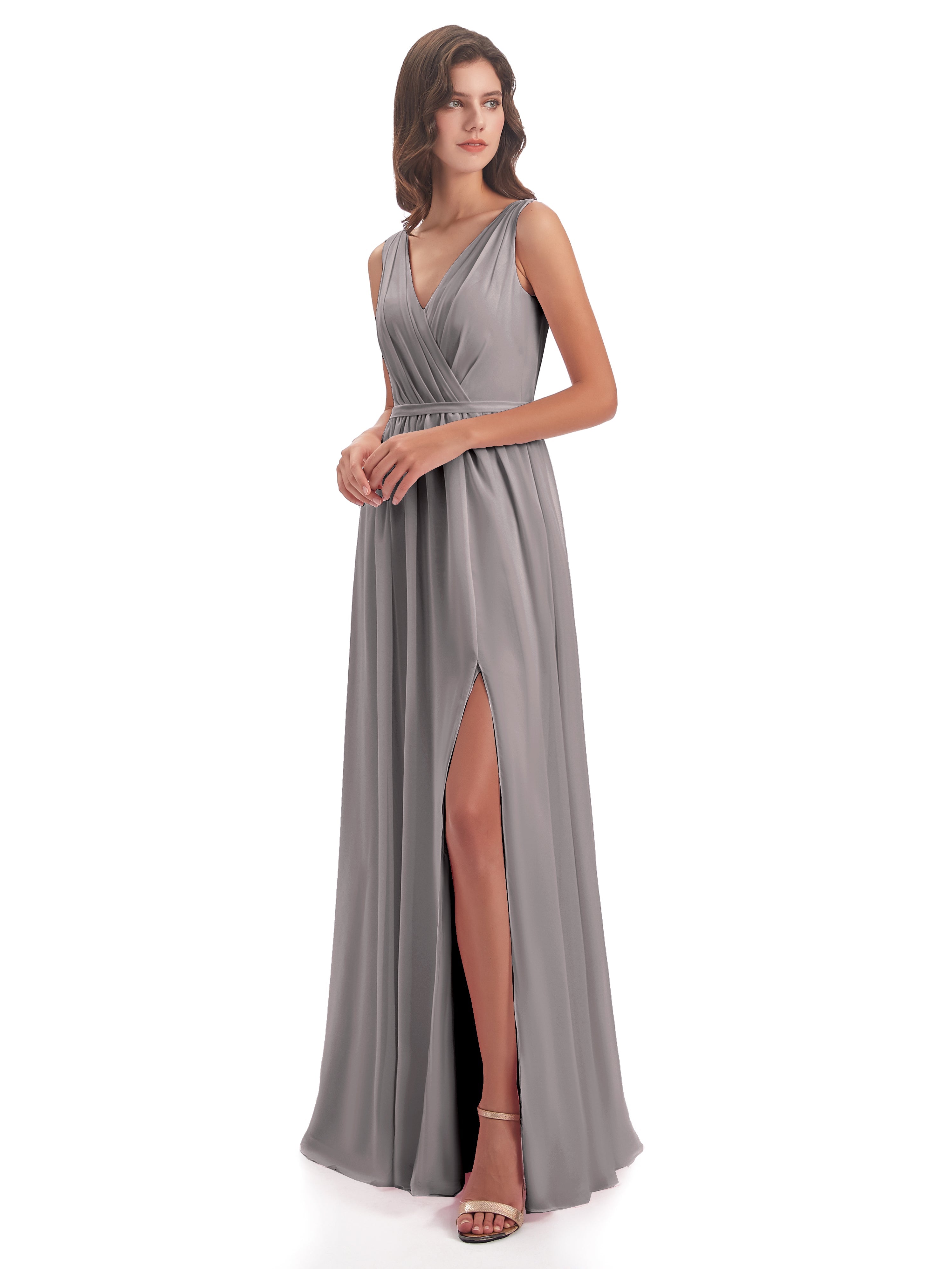 Robe Demoiselle D Honneur Argentée Fourreau/Colonne Col V Mousseline Robes Demoiselle D'Honneur