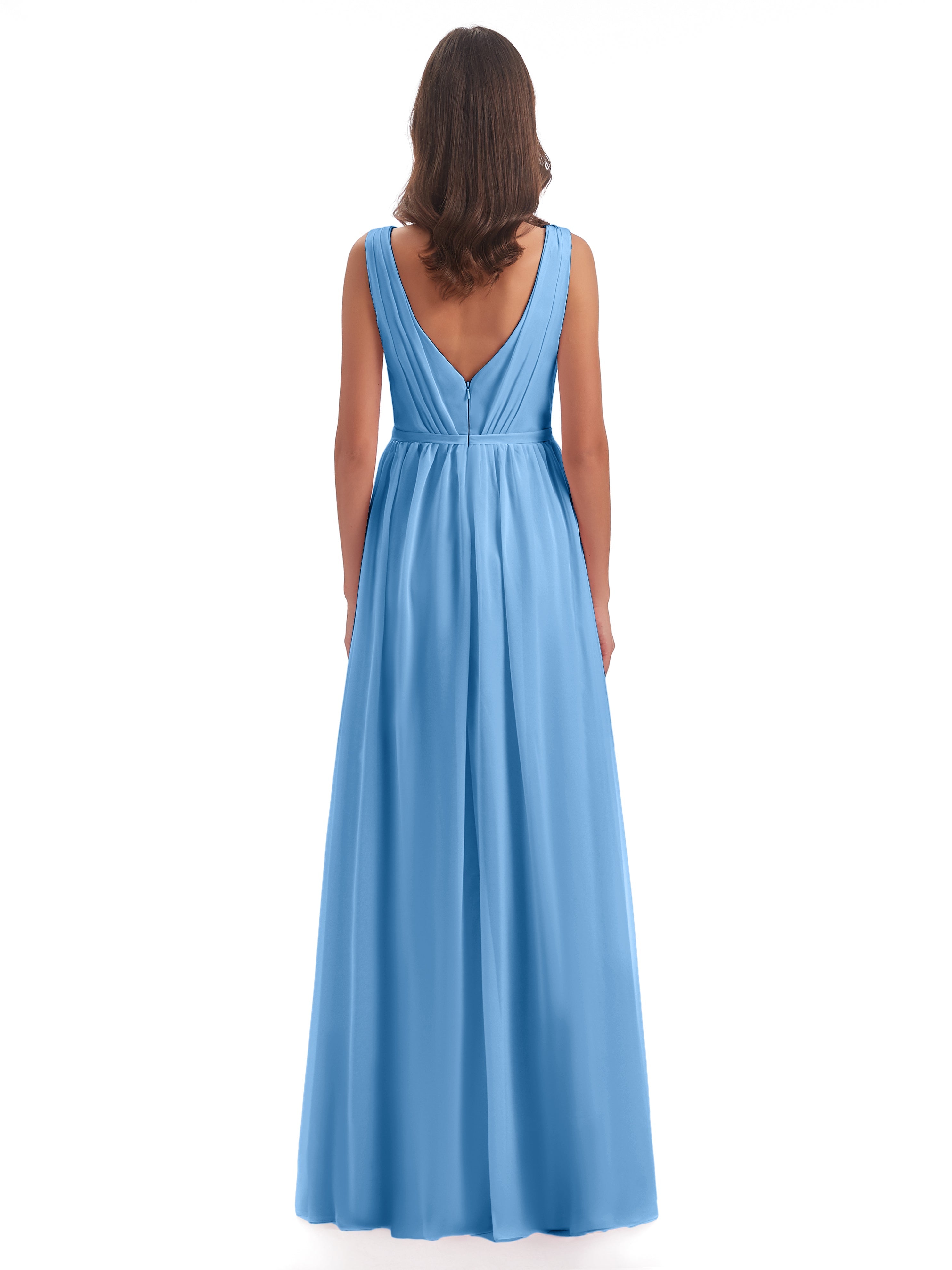 Robe Longue Demoiselle D Honneur Bleu Fourreau/Colonne Col V Mousseline Robes Demoiselle D'Honneur