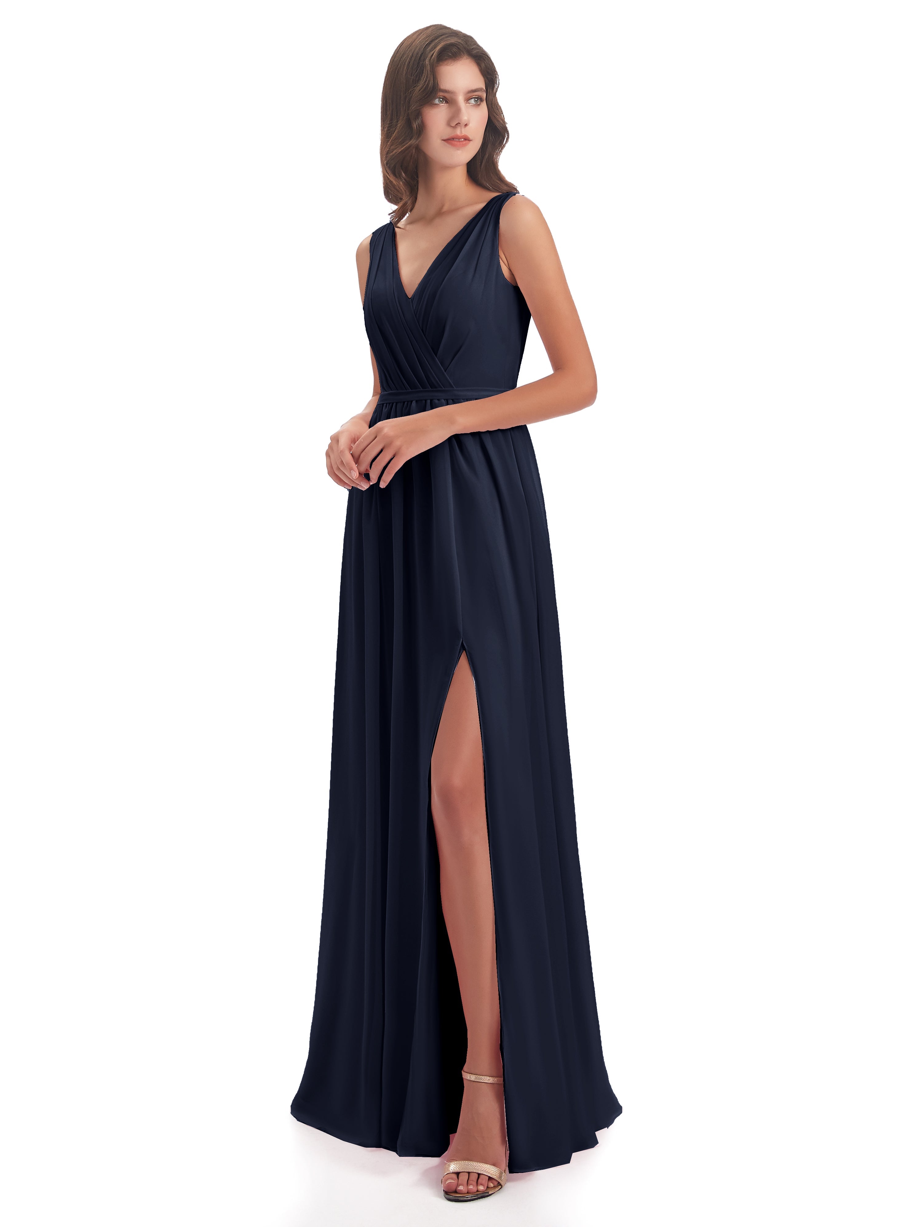 Robe Bleu Marine Demoiselle D Honneur Fourreau/Colonne Col V Mousseline Robes Demoiselle D'Honneur
