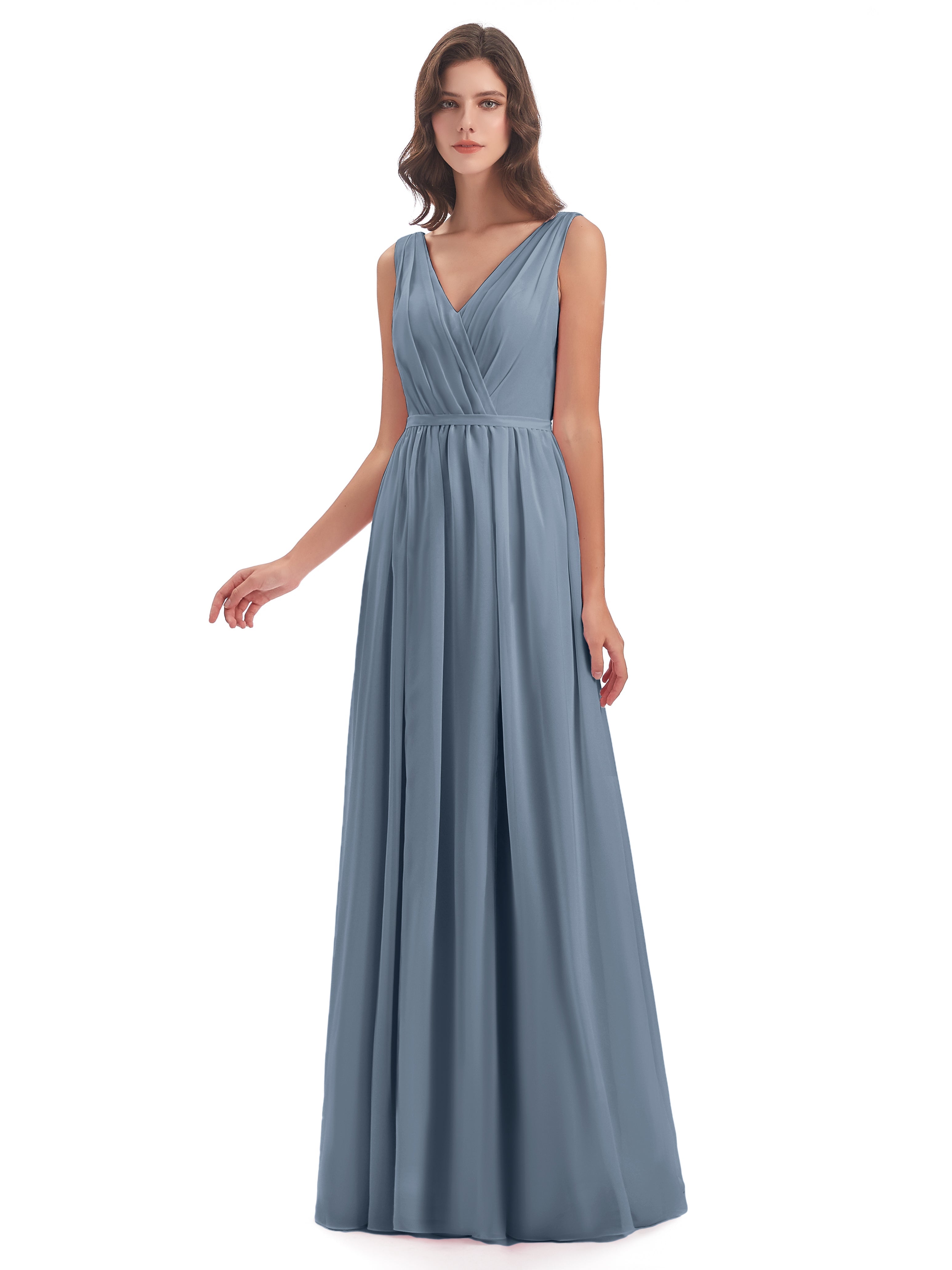 Robe Demoiselle D Honneur Bleu Poussiereux Fourreau/Colonne Col V Mousseline Robes Demoiselle D'Honneur