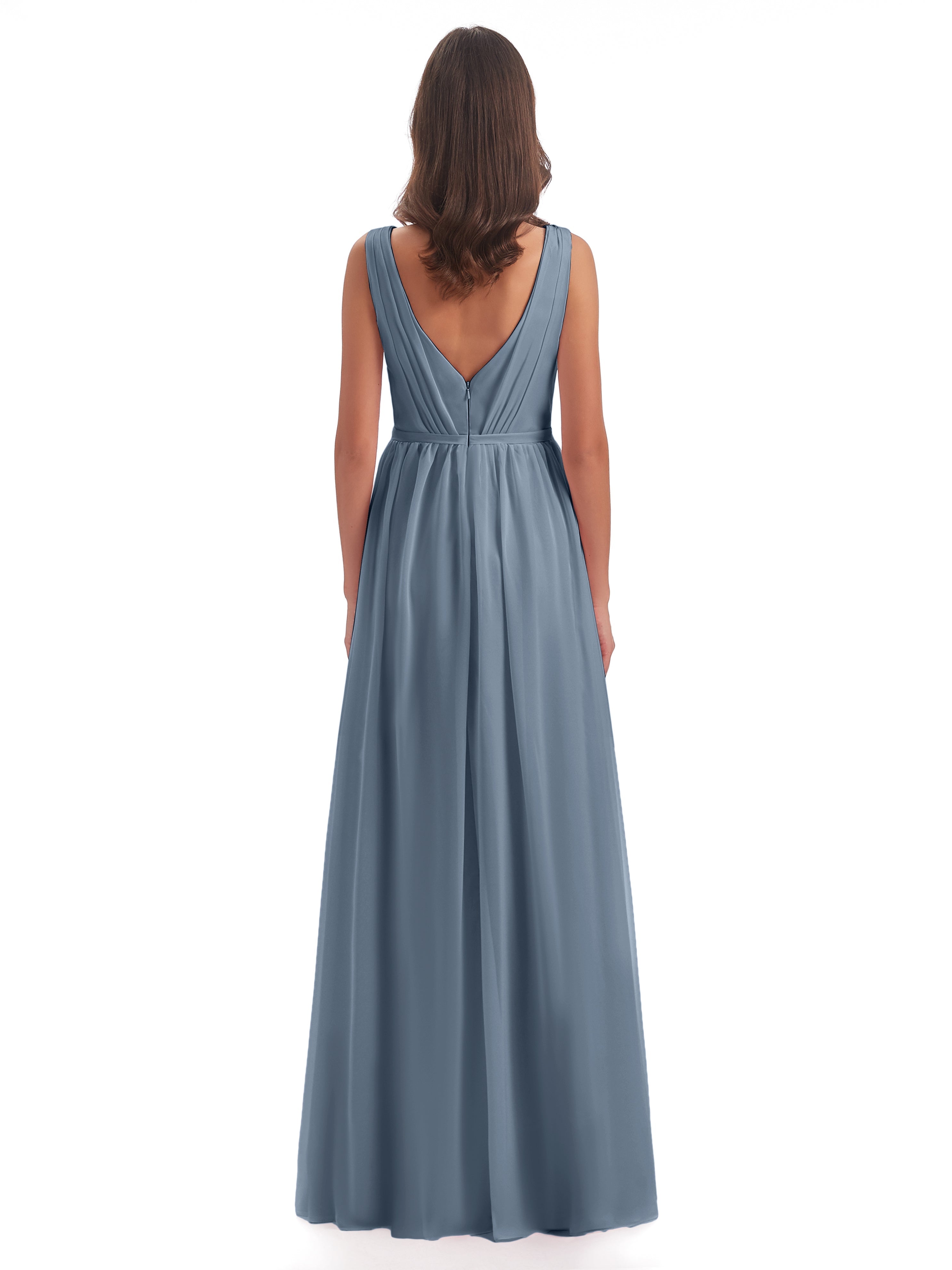 Robe Demoiselle D Honneur Bleu Poussiereux Fourreau/Colonne Col V Mousseline Robes Demoiselle D'Honneur