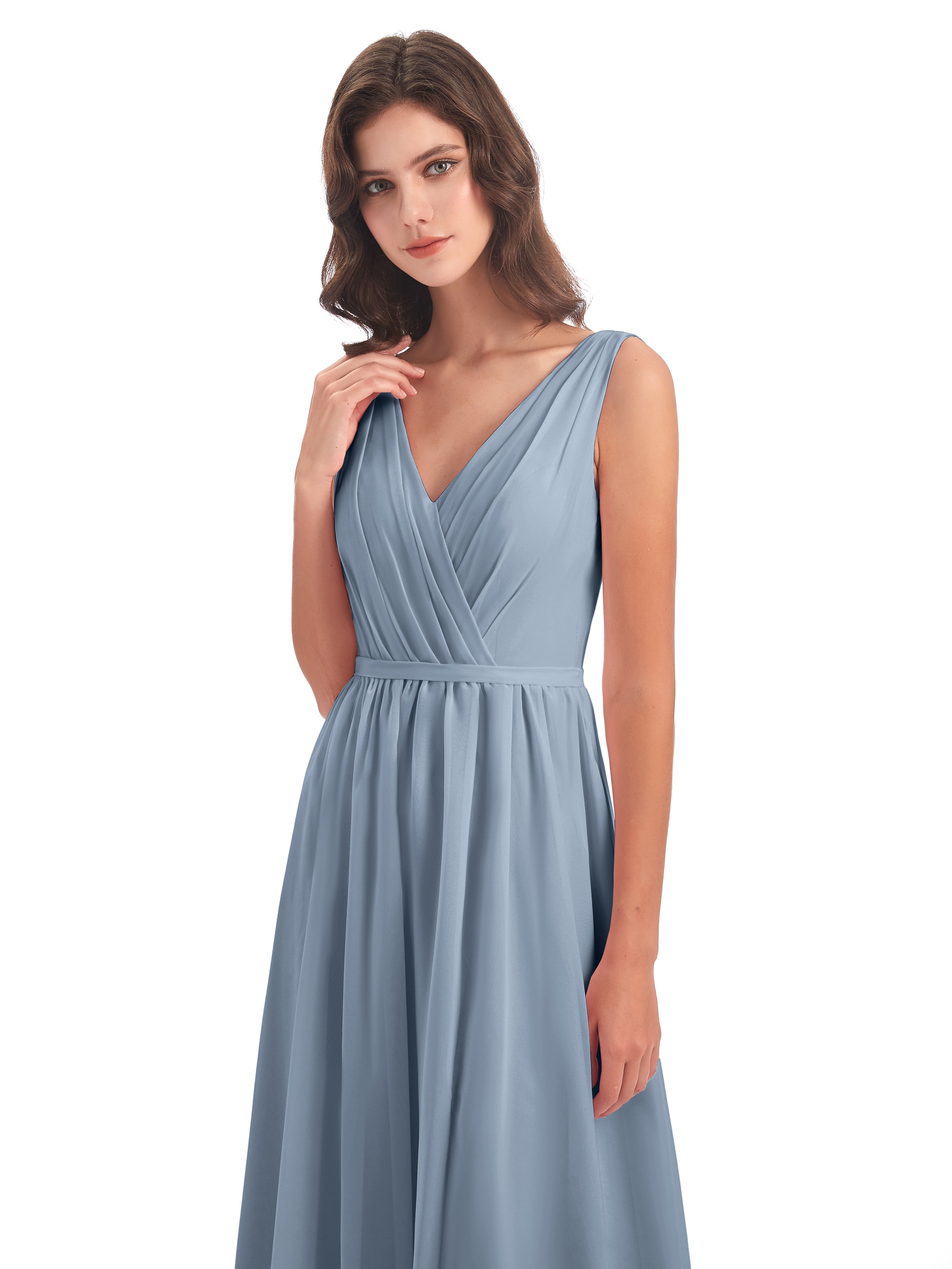 Robe Demoiselle D Honneur Bleu Poussiereux Fourreau/Colonne Col V Mousseline Robes Demoiselle D'Honneur