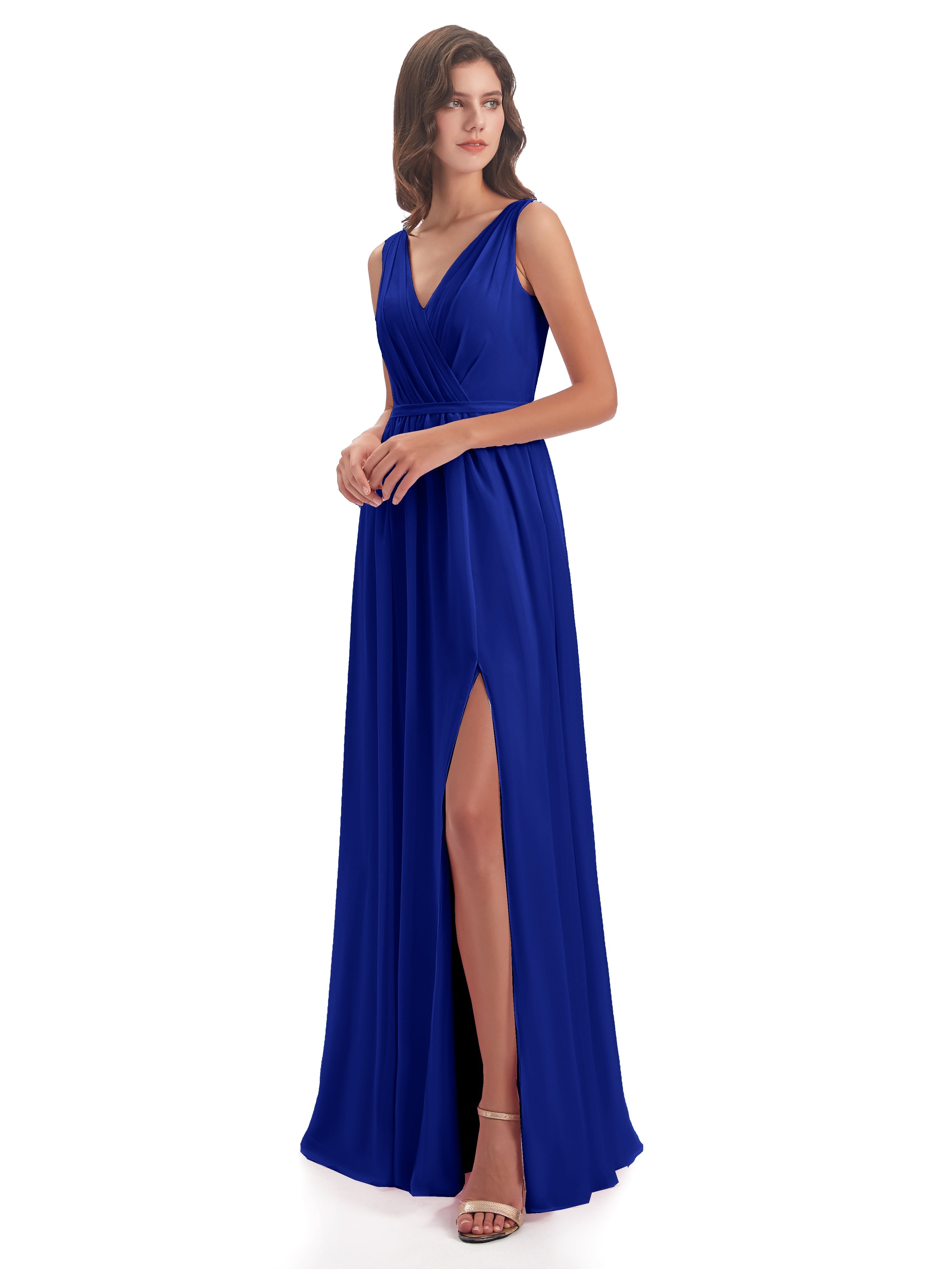 Mariage Robe Demoiselle D Honneur Bleu Roi Fourreau/Colonne Col V Mousseline Robes Demoiselle D'Honneur