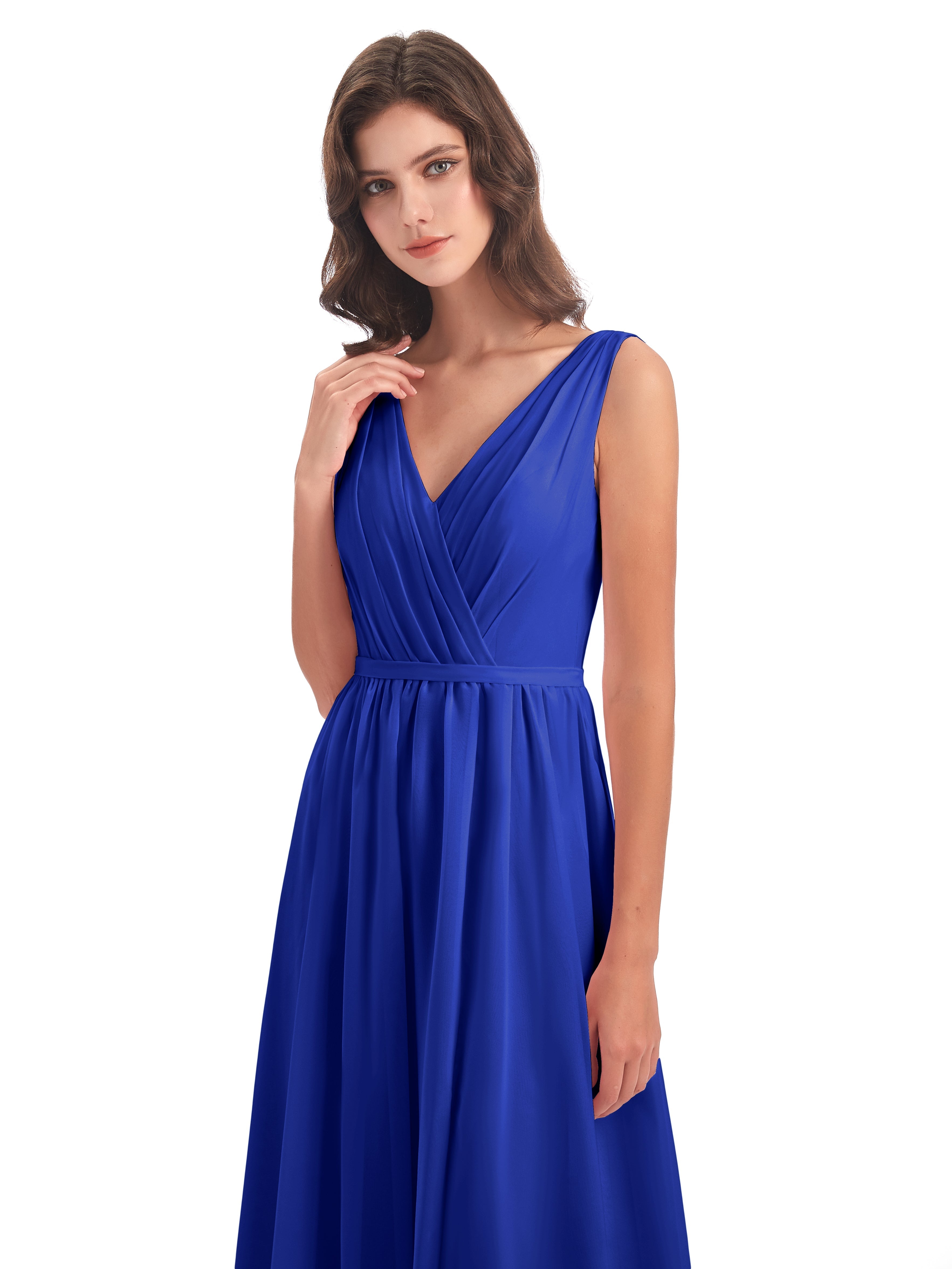 Mariage Robe Demoiselle D Honneur Bleu Roi Fourreau/Colonne Col V Mousseline Robes Demoiselle D'Honneur