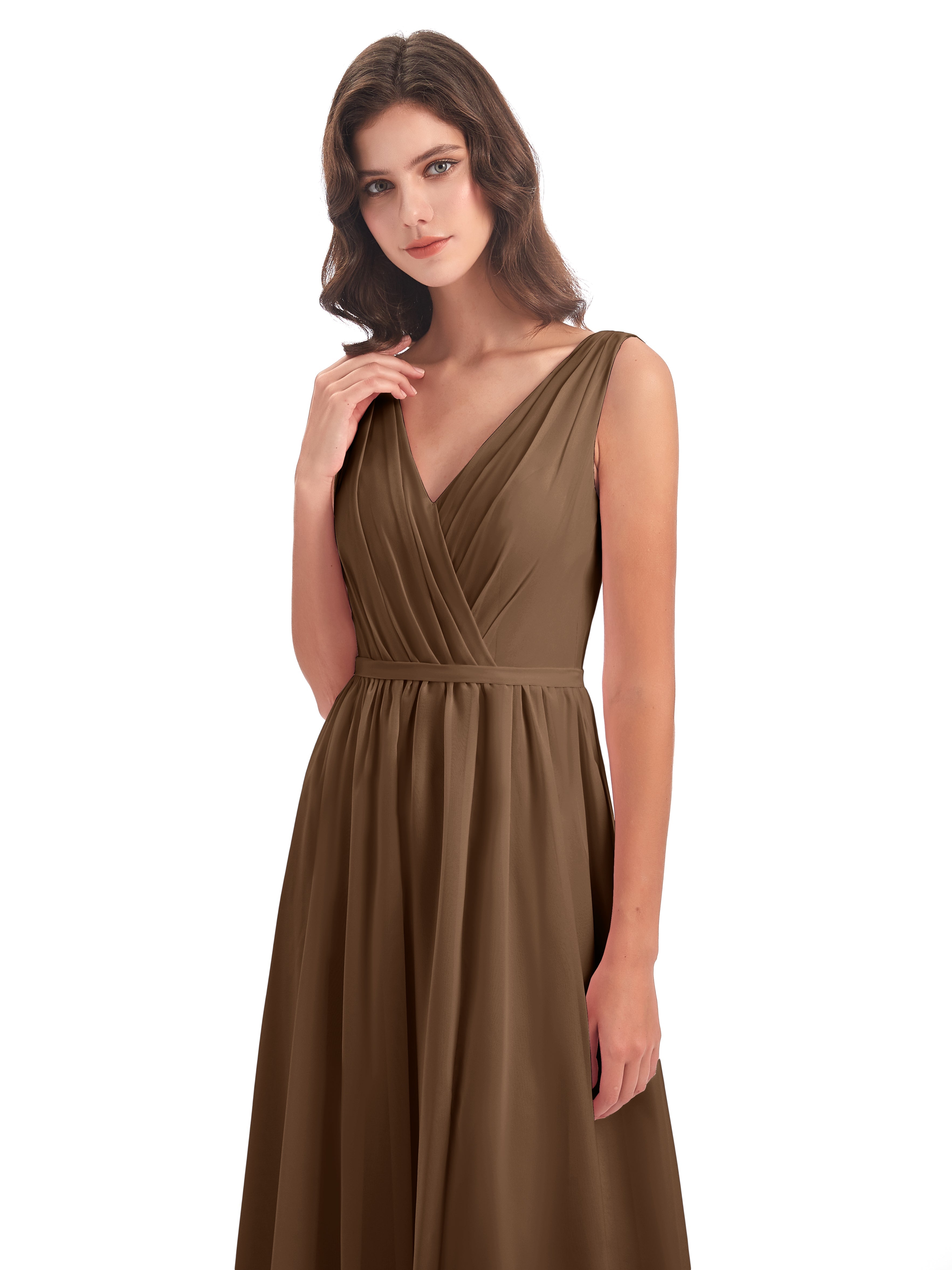 Robes De Demoiselle D'Honneur Brun Fourreau/Colonne Col V Mousseline Robes Demoiselle D'Honneur