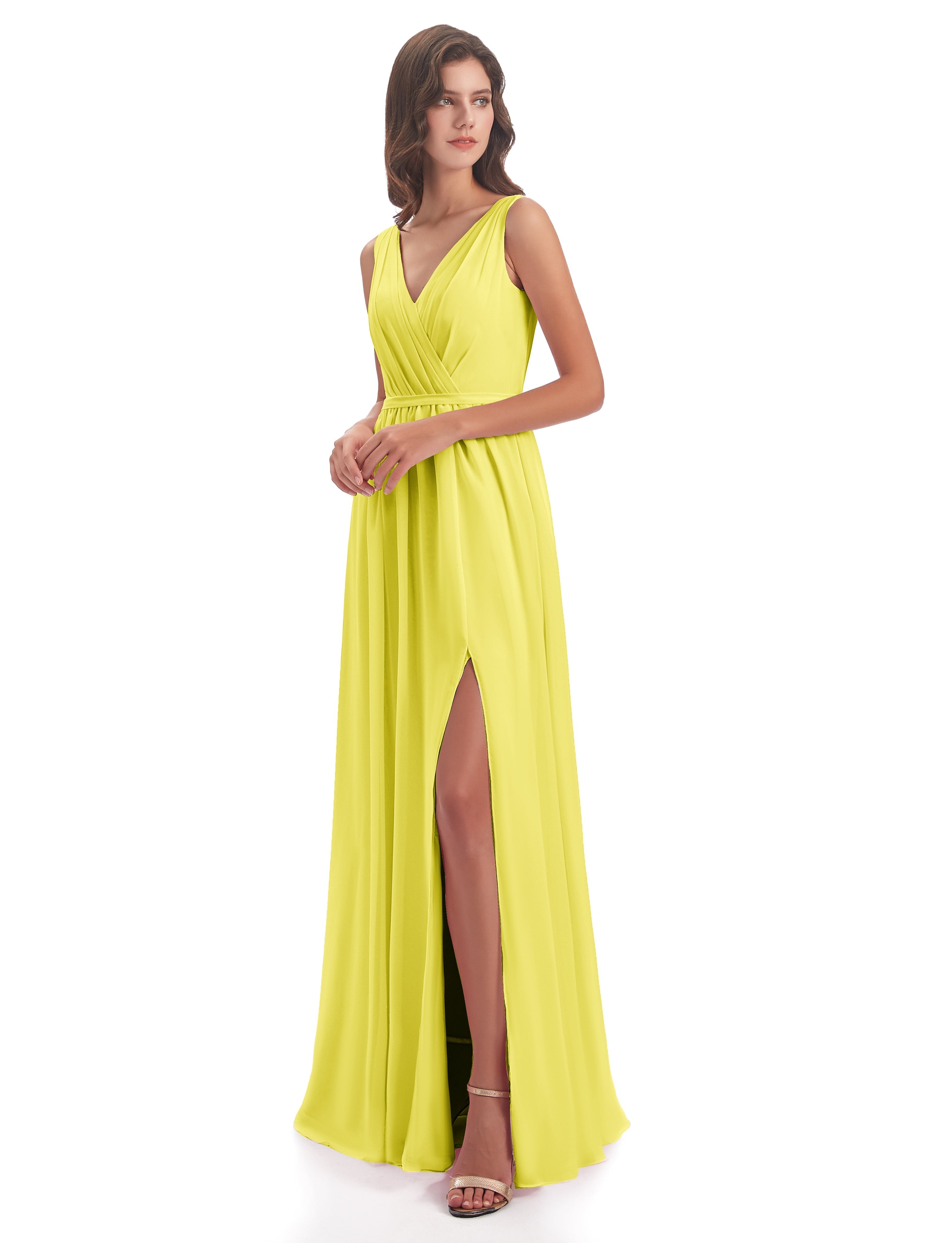 Robes De Demoiselle D'Honneur Citron Fourreau/Colonne Col V Mousseline Robes Demoiselle D'Honneur