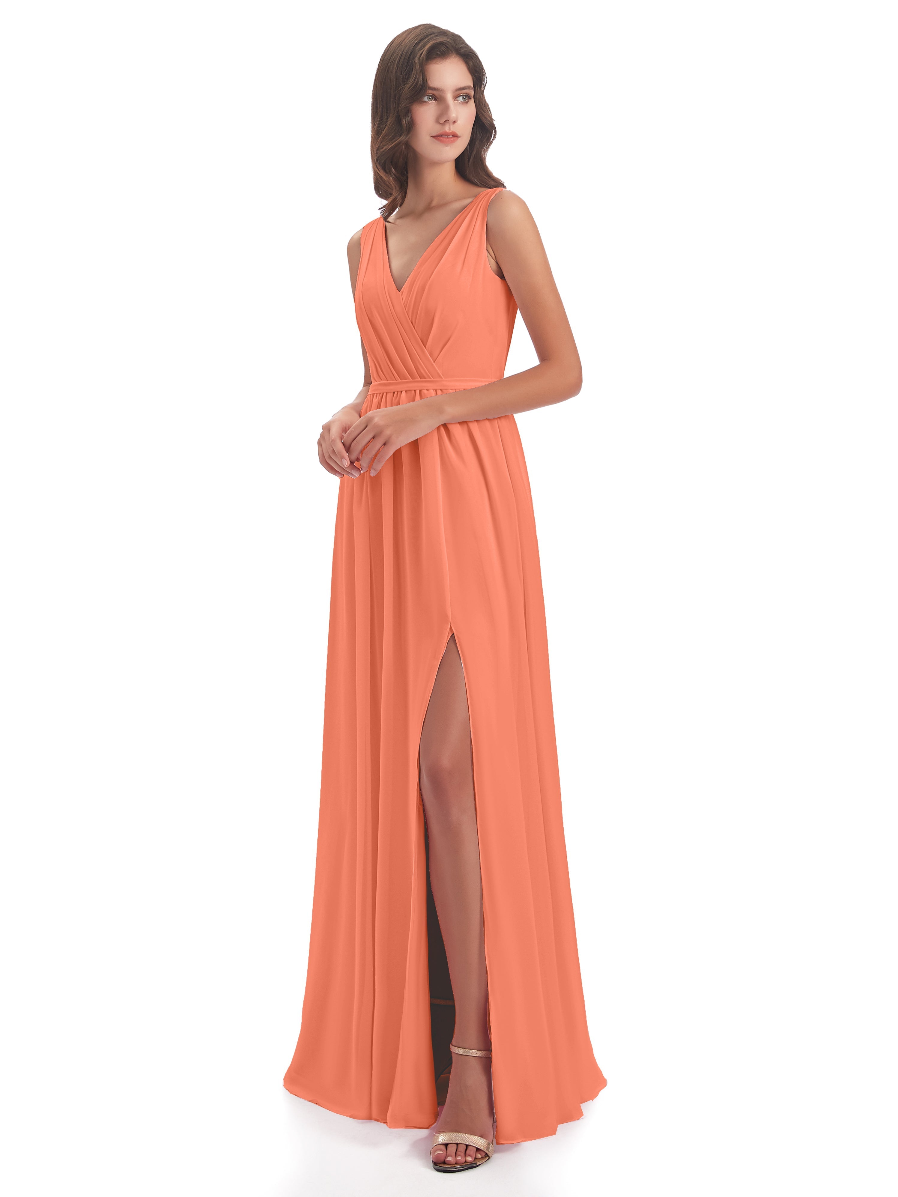 Robes De Demoiselle D'Honneur Coucher De Soleil Fourreau/Colonne Col V Mousseline Robes Demoiselle D'Honneur