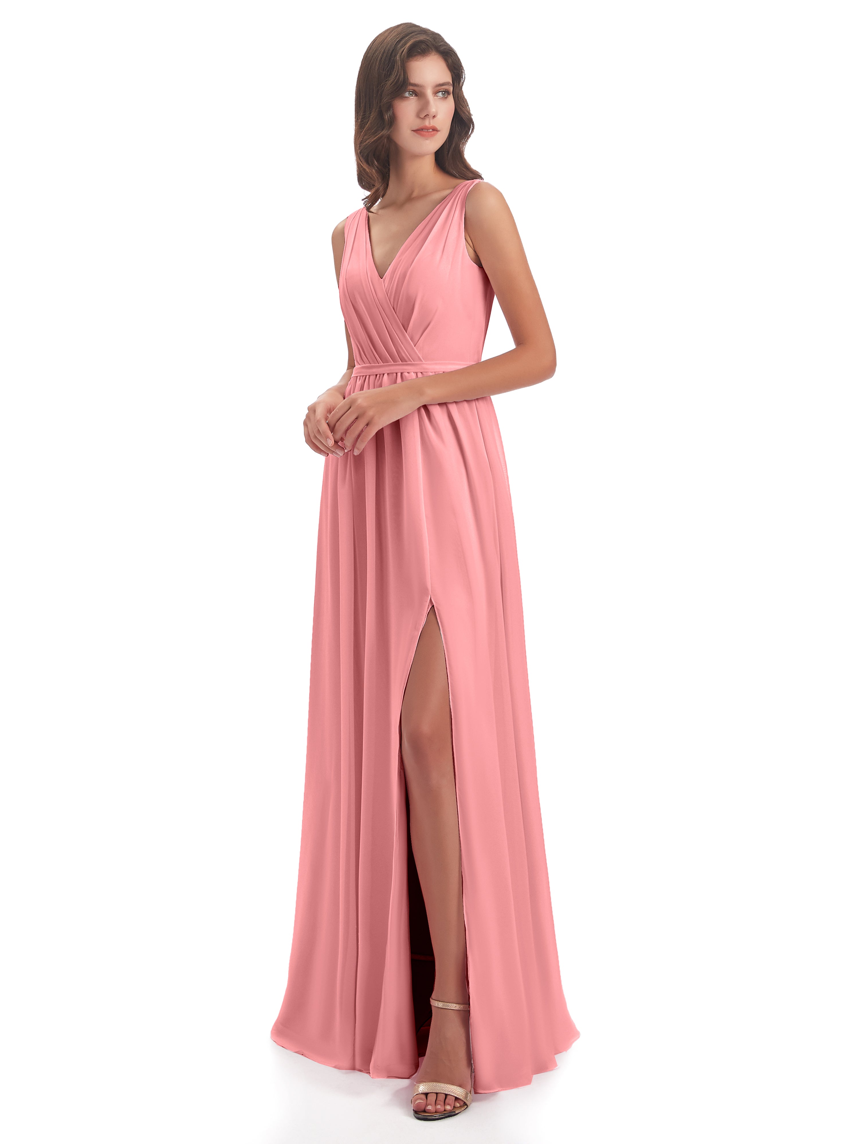 Robes De Demoiselle D'Honneur En Flamant Fourreau/Colonne Col V Mousseline Robes Demoiselle D'Honneur