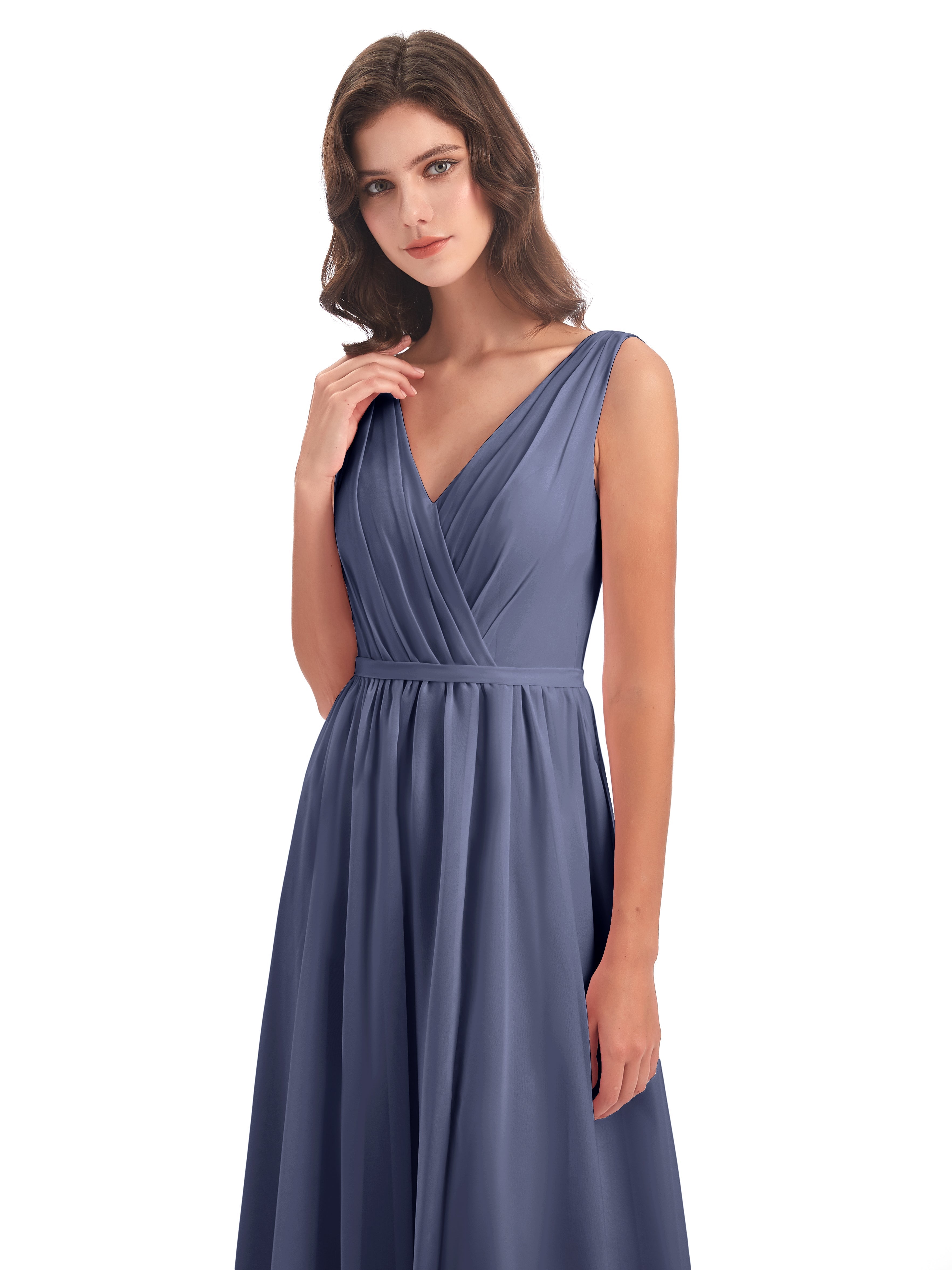 Robes De Demoiselle D'Honneur Bleu Orageux Fourreau/Colonne Col V Mousseline Robes Demoiselle D'Honneur