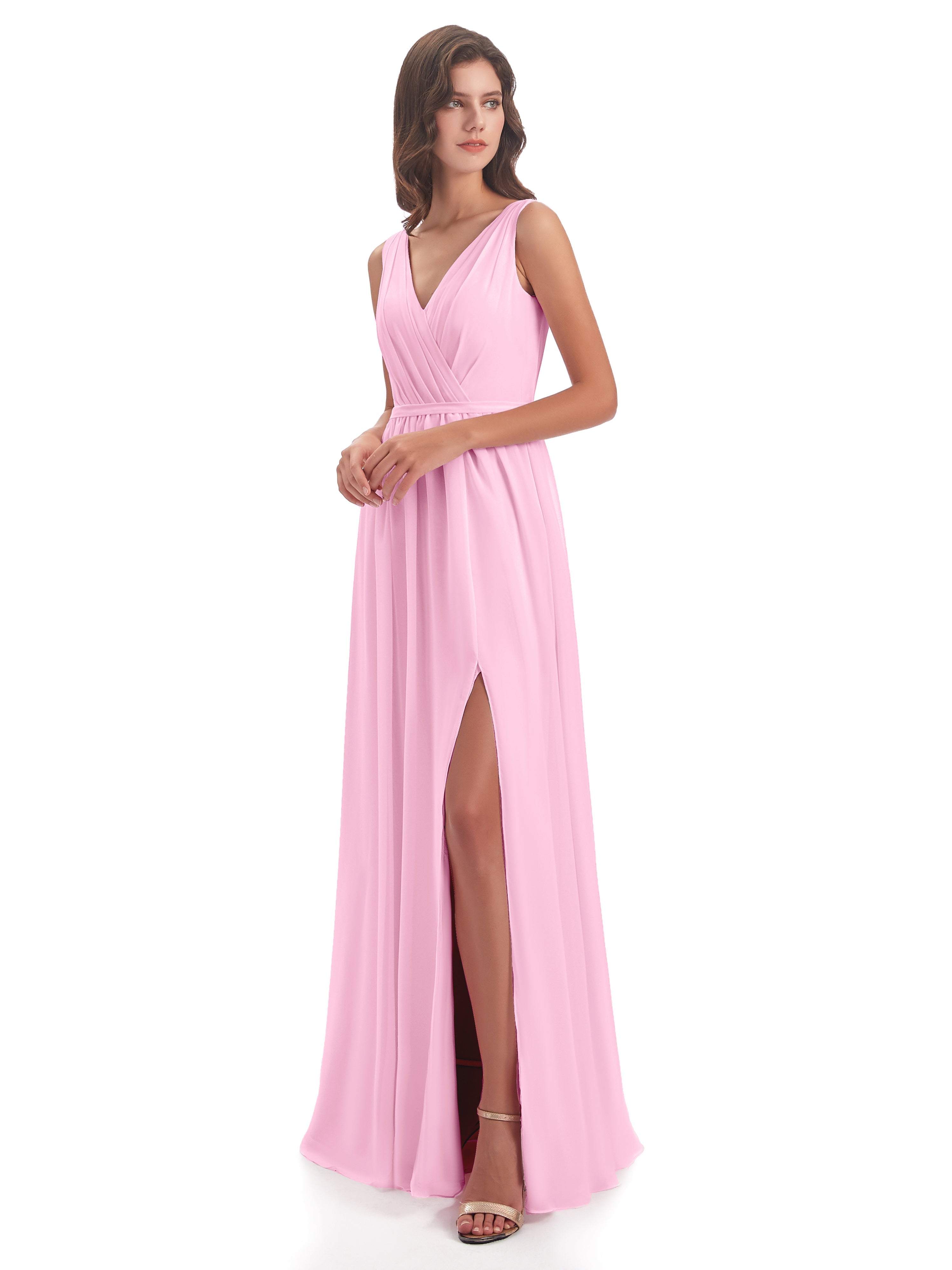 Robes De Demoiselle D'Honneur Rose Bonbon Fourreau/Colonne Col V Mousseline Robes Demoiselle D'Honneur