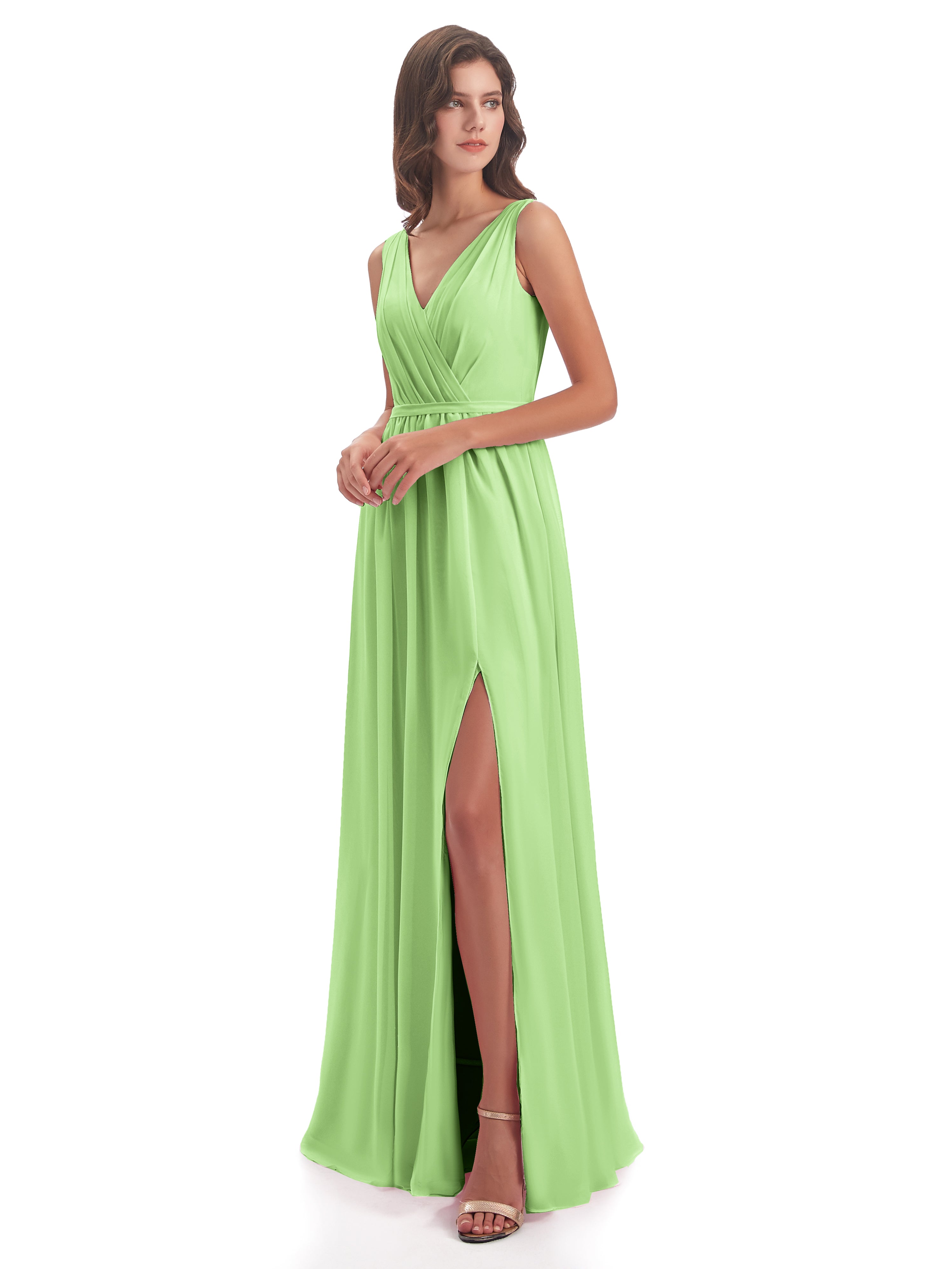 Robes Demoiselle D Honneur Vert Sauge Fourreau/Colonne Col V Mousseline Robes Demoiselle D'Honneur