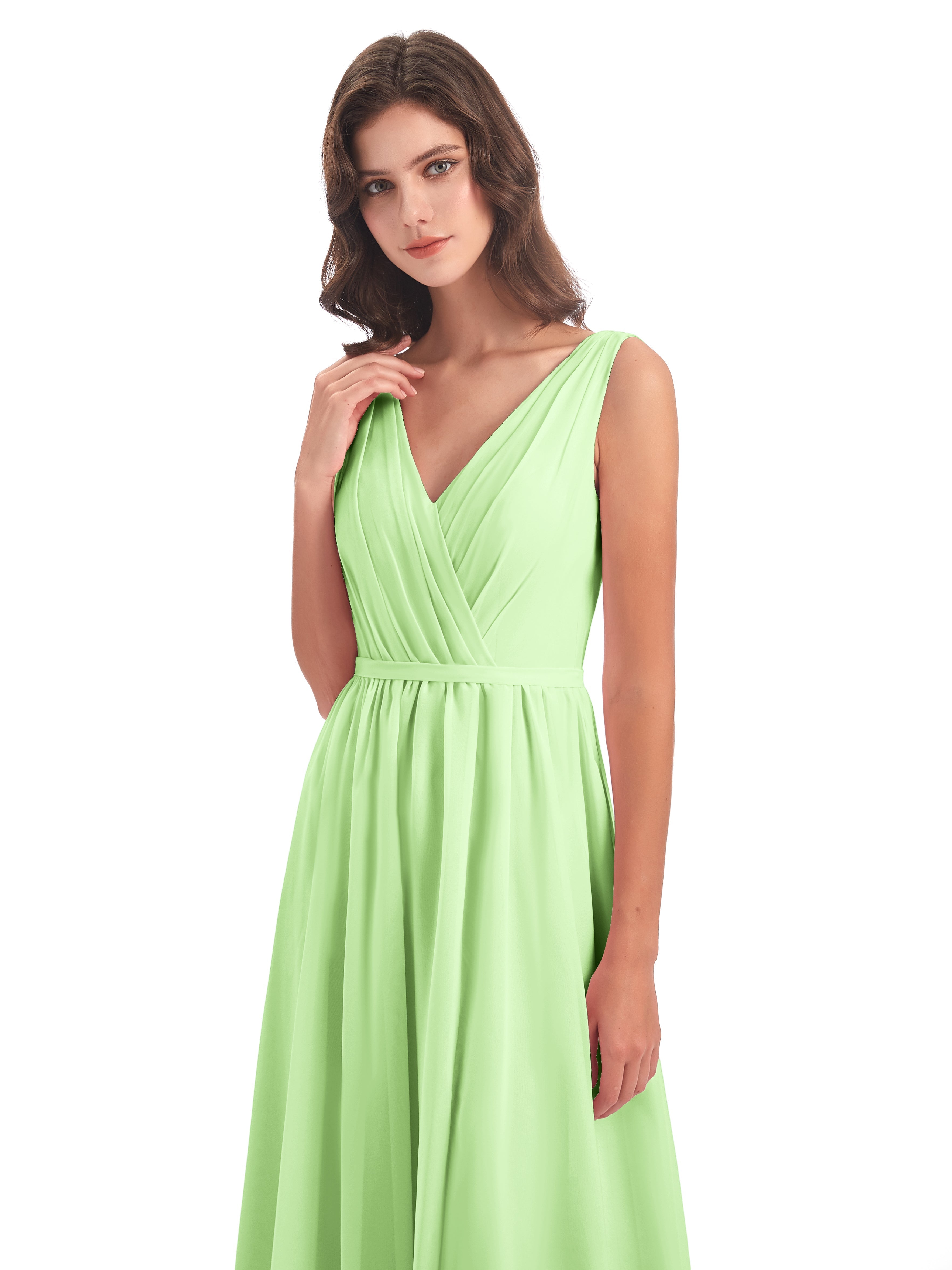 Robes Demoiselle D Honneur Vert Sauge Fourreau/Colonne Col V Mousseline Robes Demoiselle D'Honneur