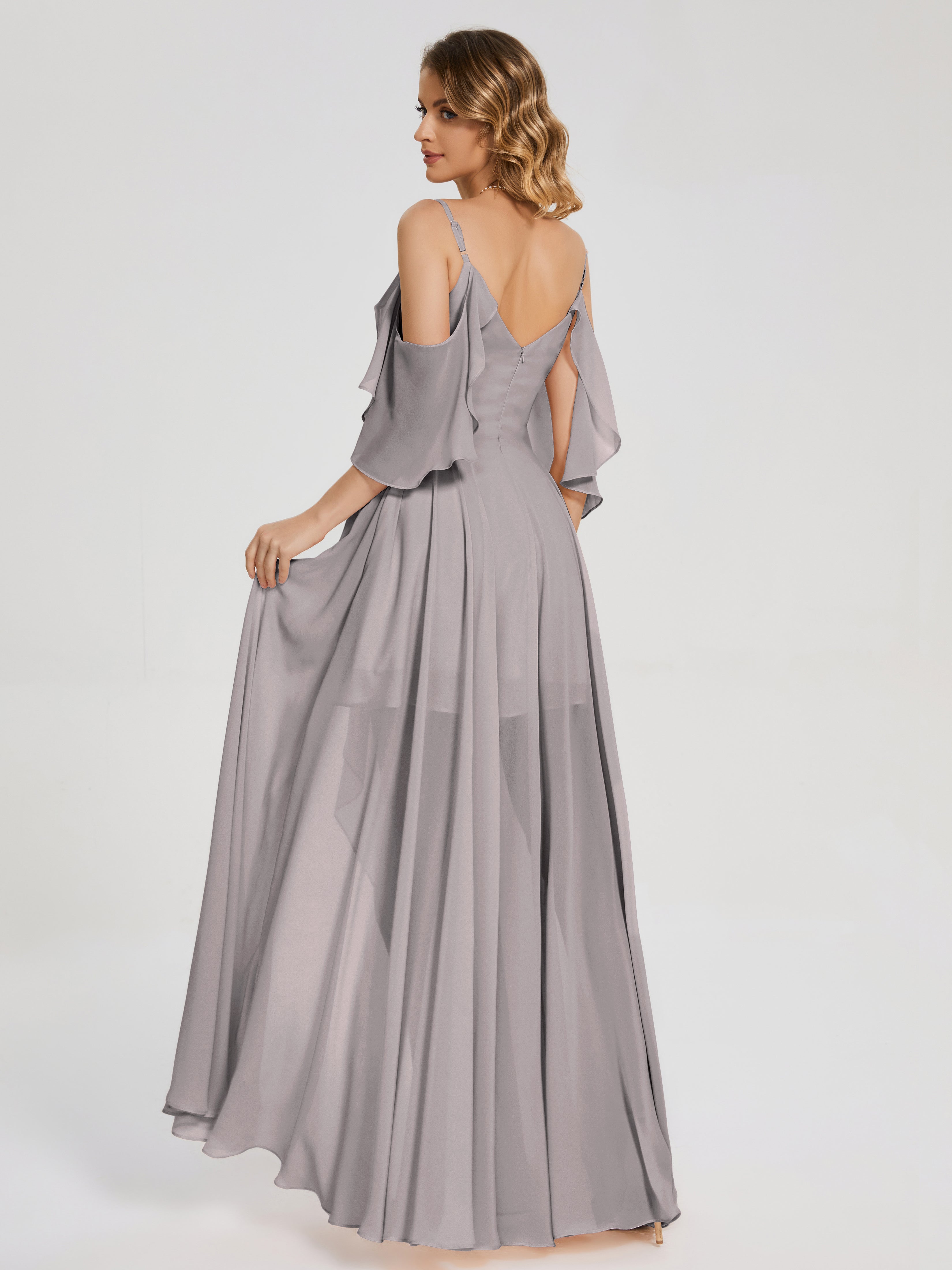 Robes De Demoiselle D'Honneur En Argent Asymétrique Hors-La-Épaule Mousseline Robes Demoiselle D'Honneur