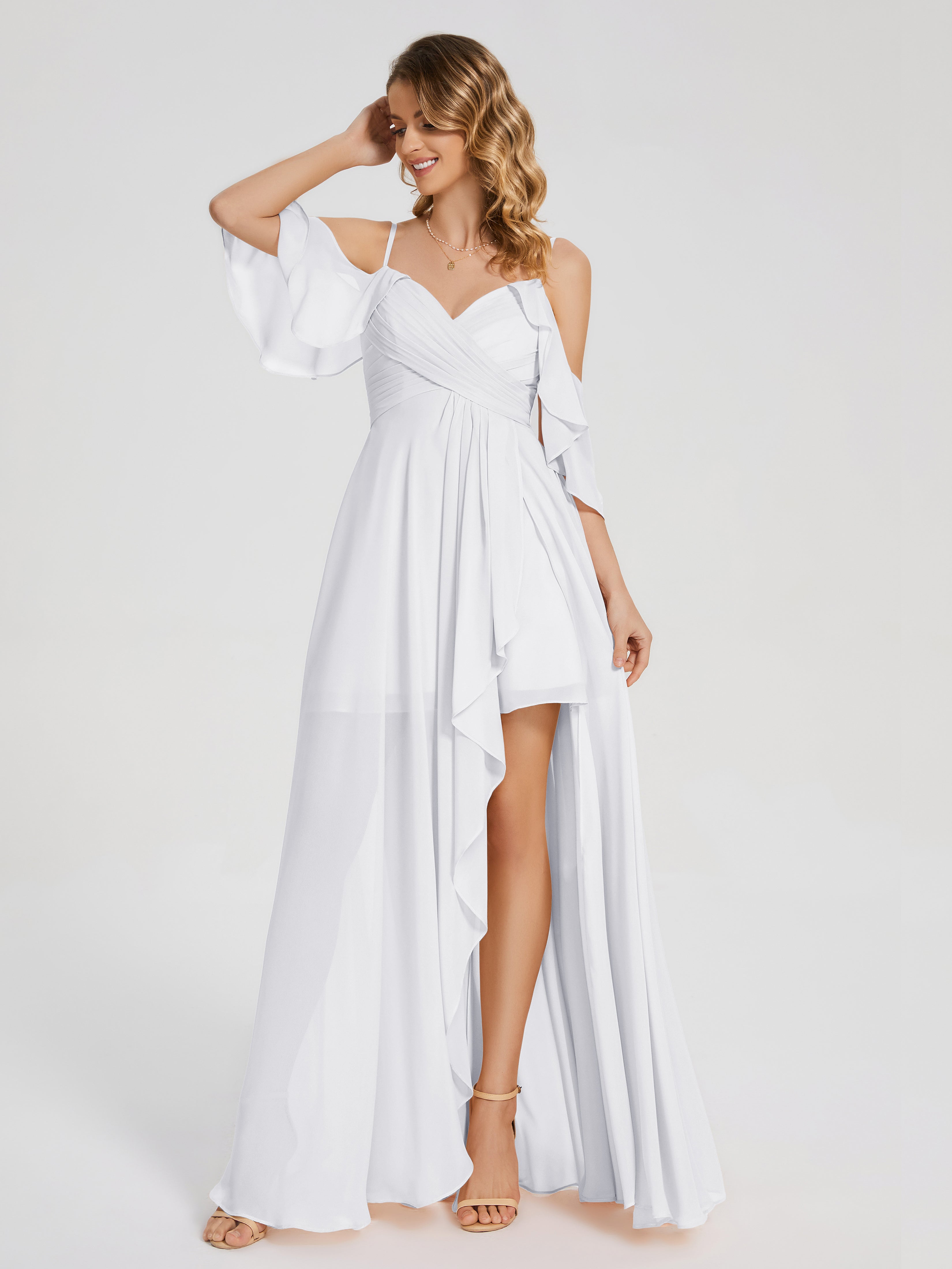 Longues Robes De Demoiselle D'Honneur Blanches Asymétrique Hors-La-Épaule Mousseline Robes Demoiselle D'Honneur