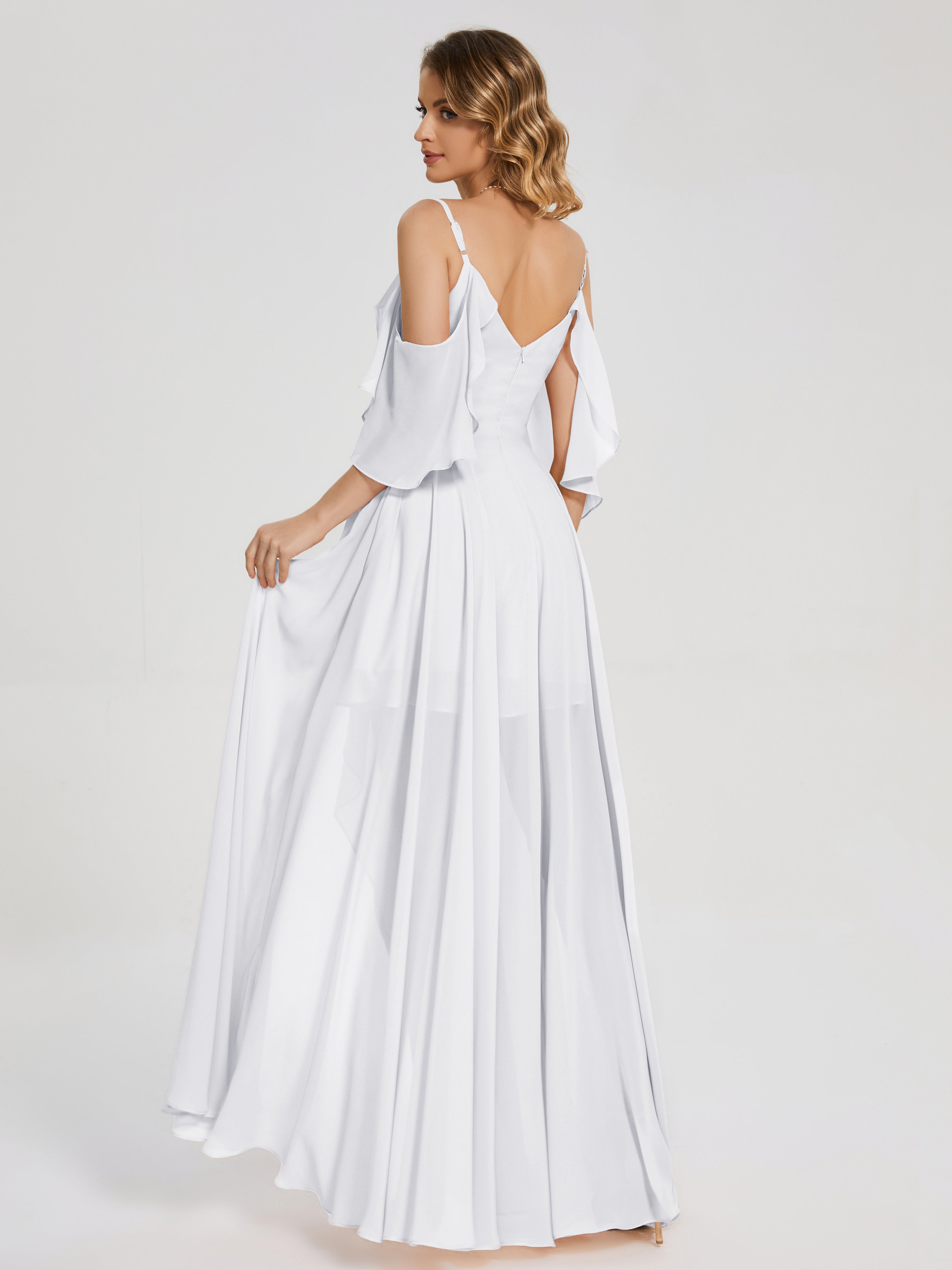 Longues Robes De Demoiselle D'Honneur Blanches Asymétrique Hors-La-Épaule Mousseline Robes Demoiselle D'Honneur