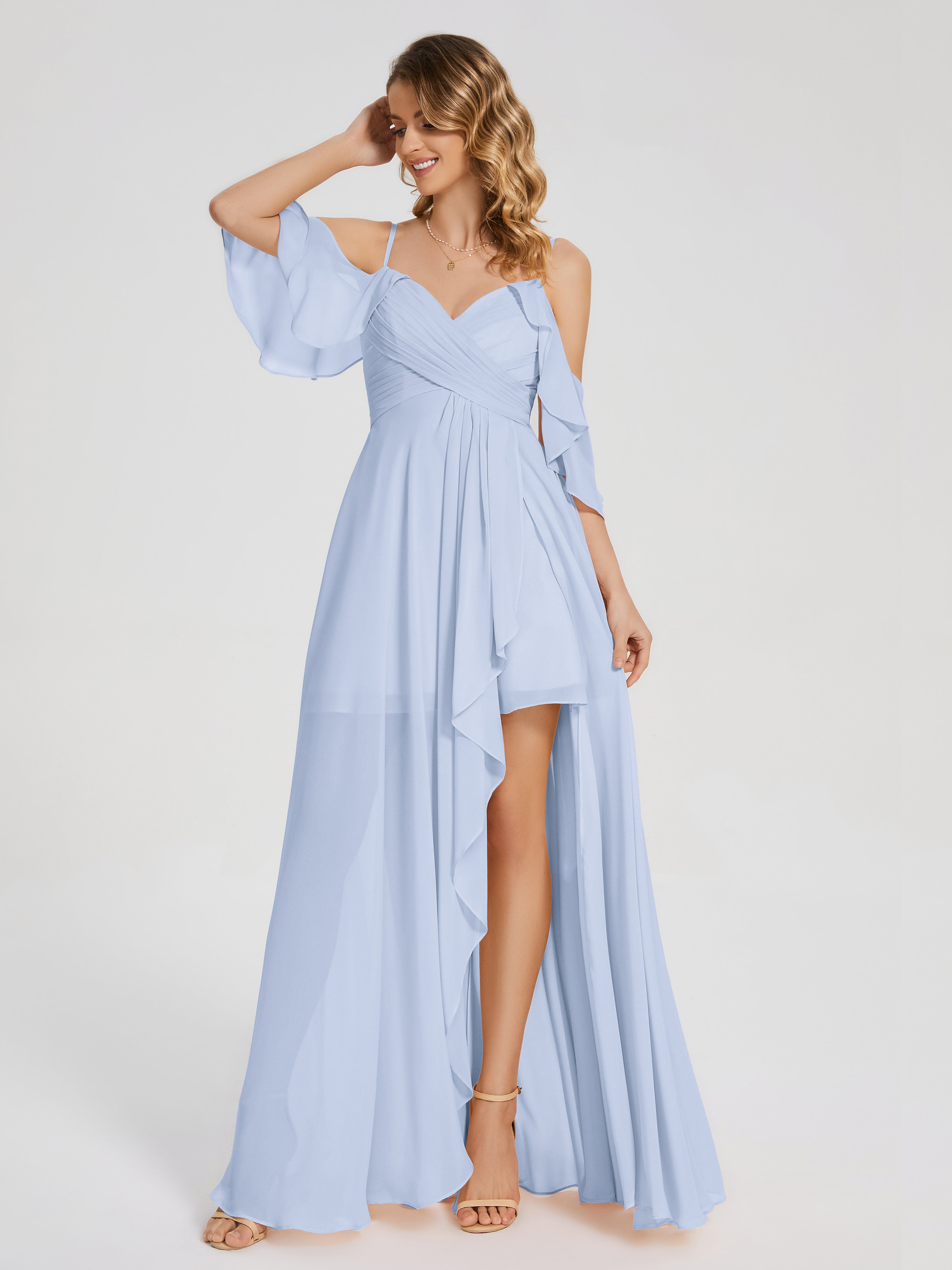 Robes De Demoiselle D'Honneur Bleu Ciel Asymétrique Hors-La-Épaule Mousseline Robes Demoiselle D'Honneur