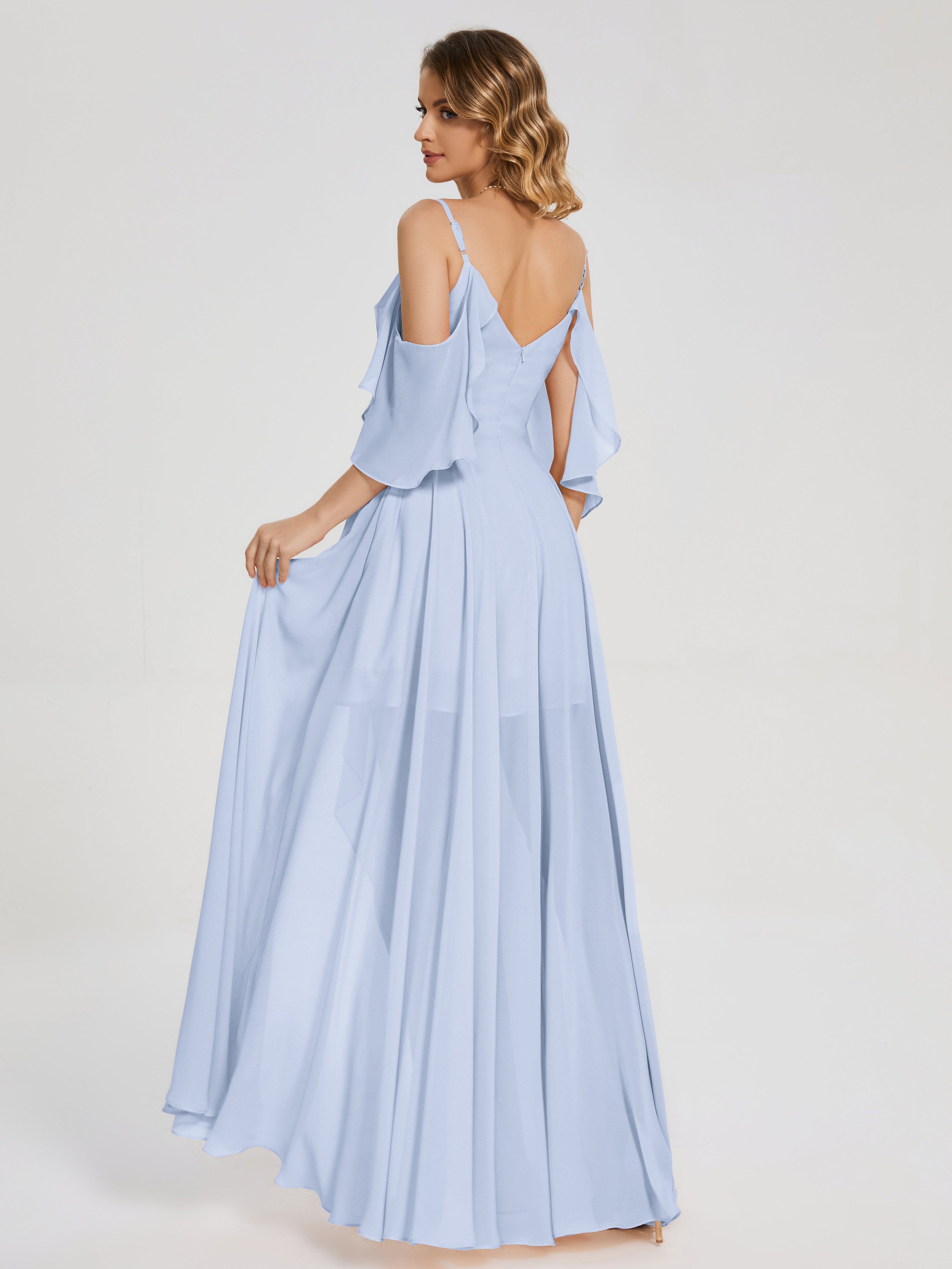 Robes De Demoiselle D'Honneur Bleu Ciel Asymétrique Hors-La-Épaule Mousseline Robes Demoiselle D'Honneur