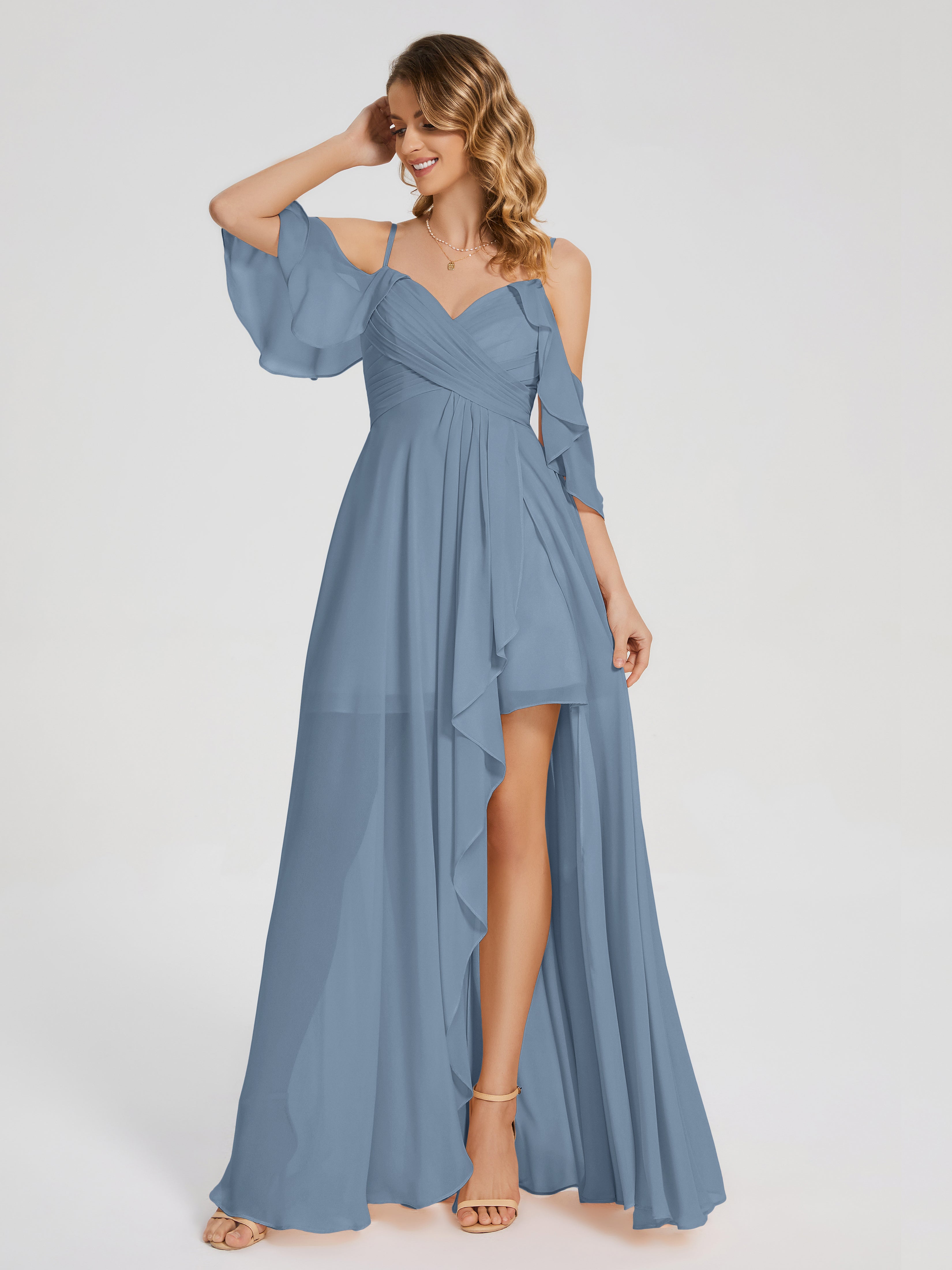 Robes De Demoiselle D'Honneur Bleu De Schiste Asymétrique Hors-La-Épaule Mousseline Robes Demoiselle D'Honneur
