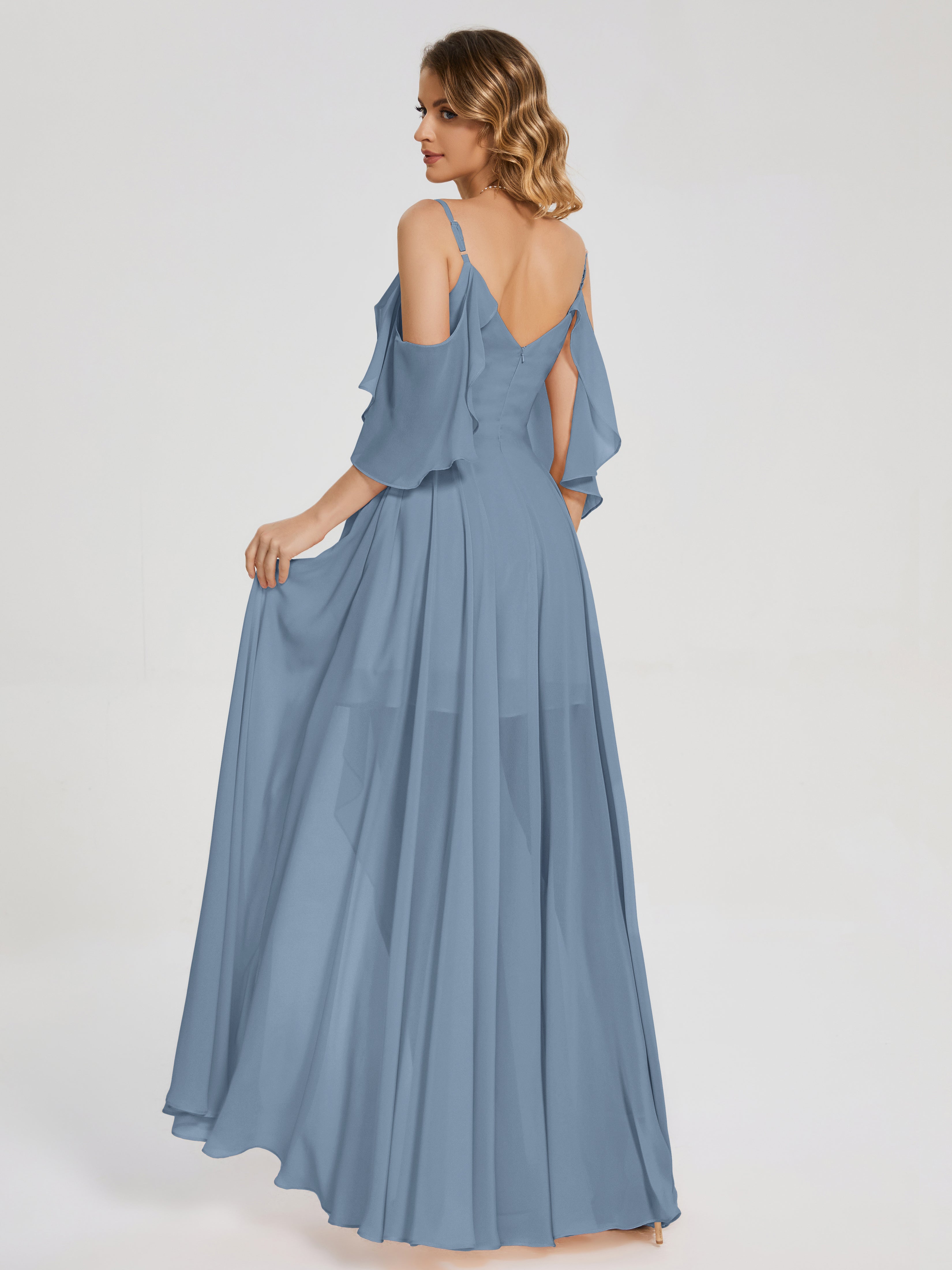 Robes De Demoiselle D'Honneur Bleu De Schiste Asymétrique Hors-La-Épaule Mousseline Robes Demoiselle D'Honneur